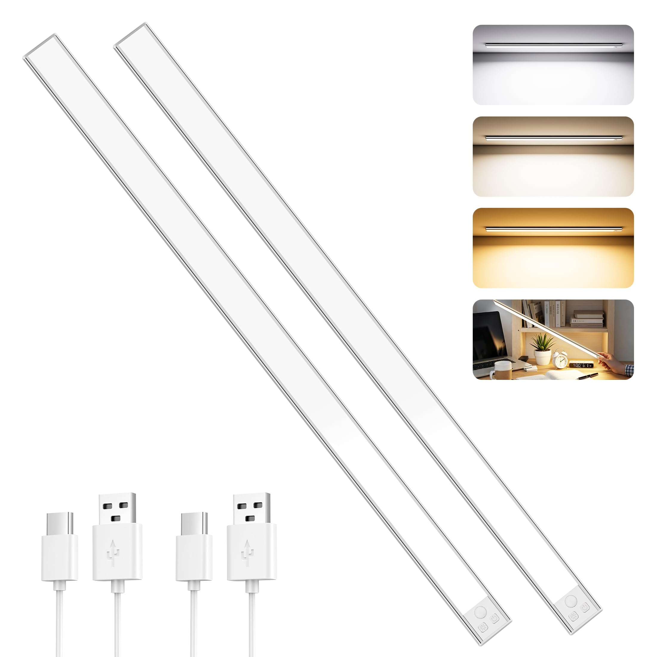 OUILA Luce Armadio LED con Sensore, 3 Temperature di Colore Luci led per Armadio Dimmerabile, USB-C Ricaricabile LED Armadio Senza Fili Luce Notturna Lampada Armadio per Cucina Guardaroba Armadi