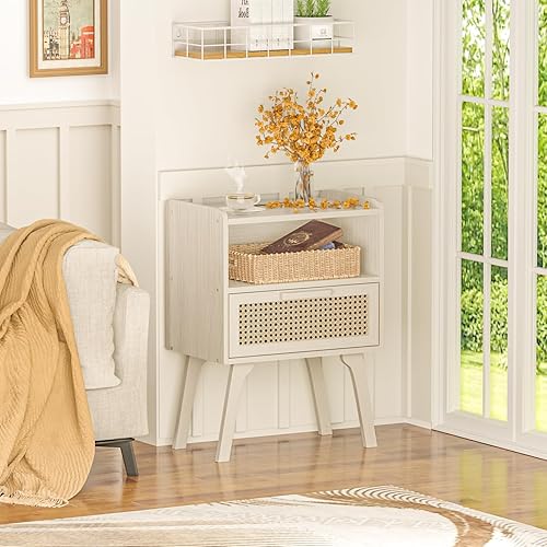 Miniatura 38 de Lerliuo Juego de 2 mesitas de noche de ratán, mesa auxiliar bohemia con cajón abierto, mesa auxiliar de noche con patas de madera maciza para Negro