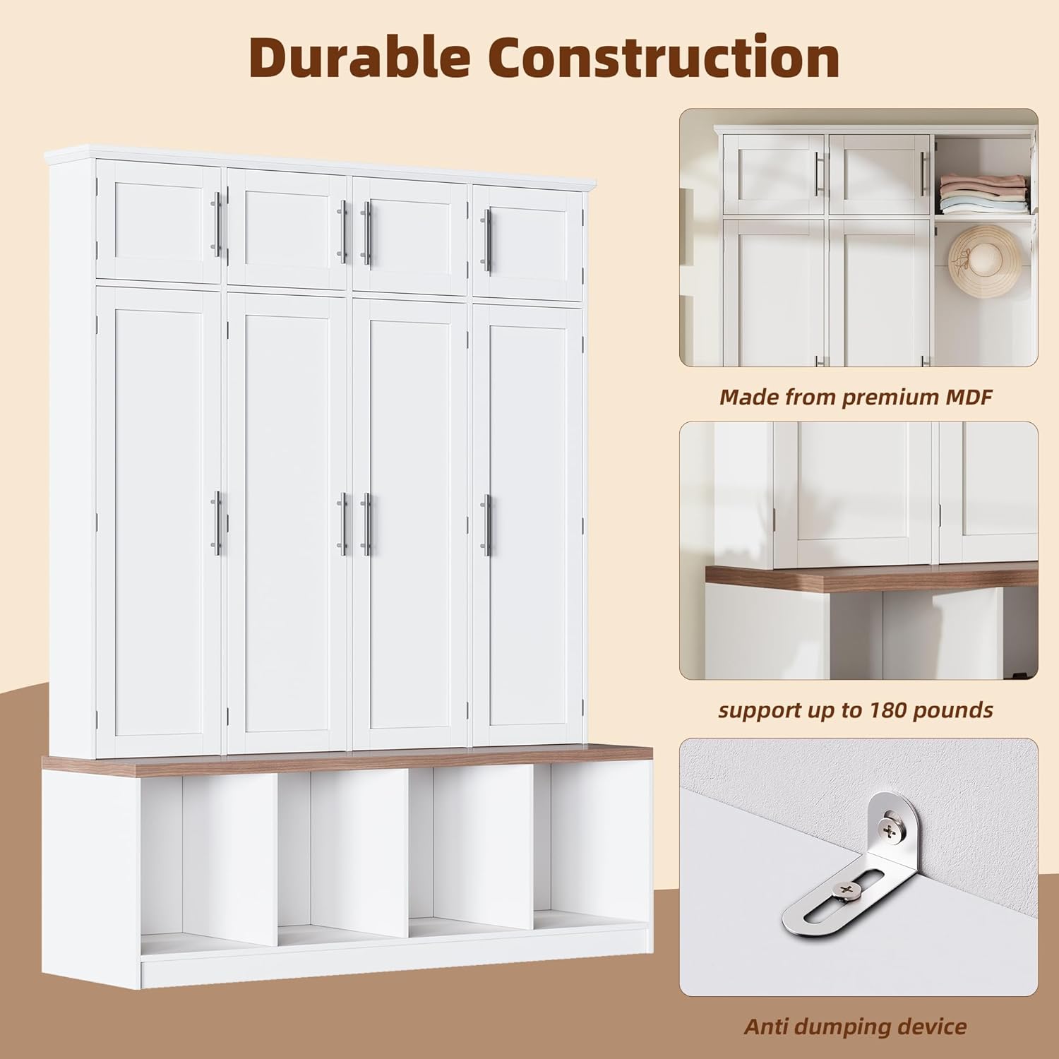 Hall Tree with Entryway Bench and Shoe Cabinet, Multi-Functional Seating Bench with 4 Hanging Hooks and 8 Doors, White