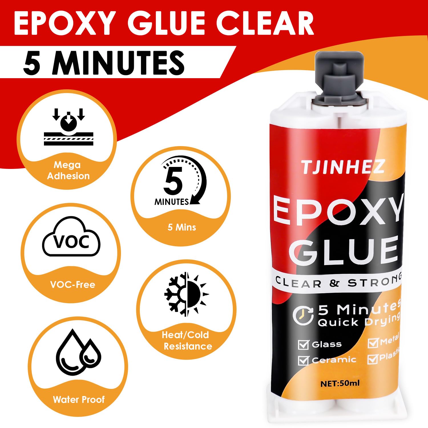 Pegamento Epoxi 2 Componentes 100ml, Secado Rápido 5 Minutos, Transparente, Fuerte, Impermeable y Resistente al Calor - Para Plástico, Madera, Cristal, Piedra, Cerámica, Metal