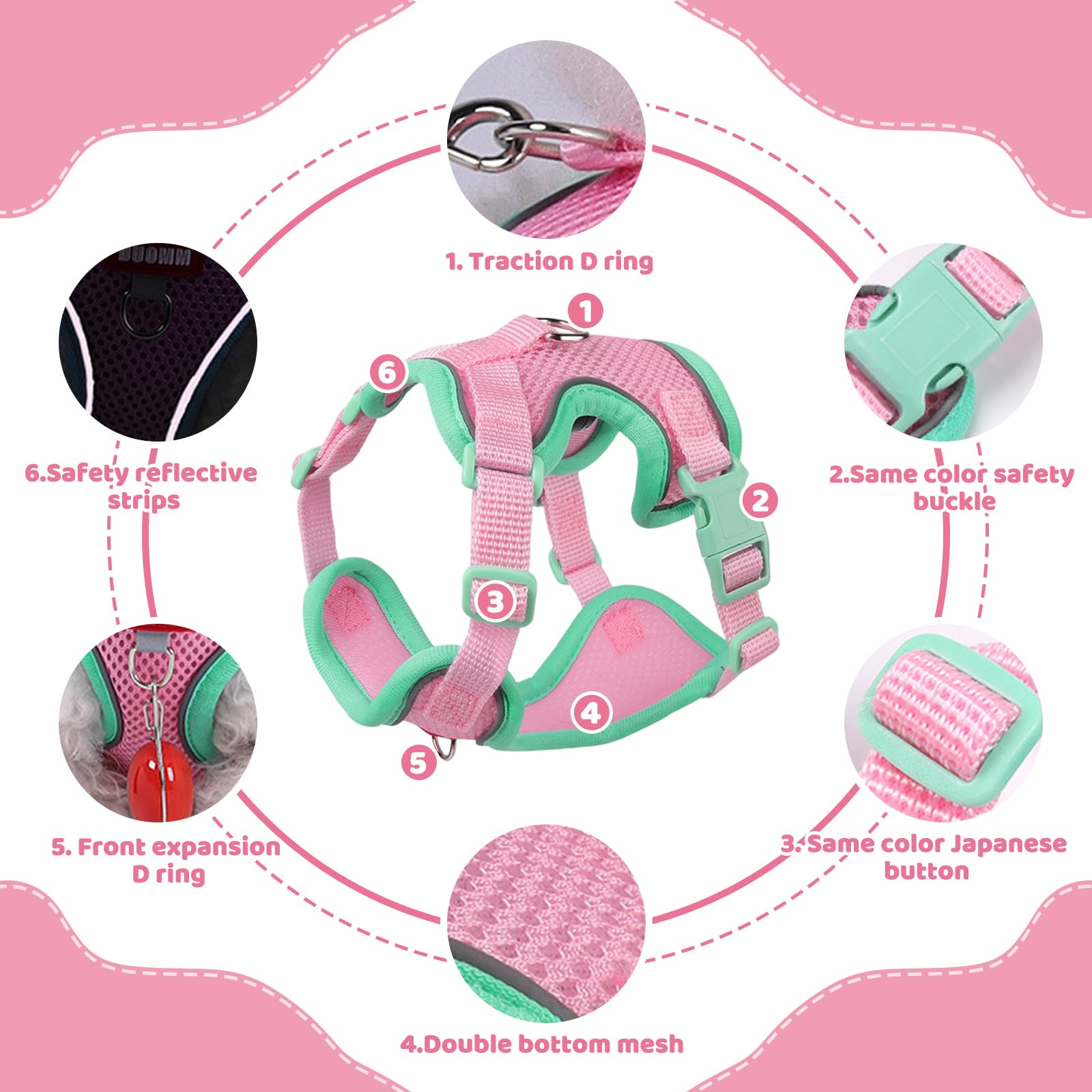 Harnais Chat avec Rétractables Laisse pour Chat, Reglable Harnais Chaton, et 3m Laisse Chat Rétractables, pour Chat Petit Chien Rose