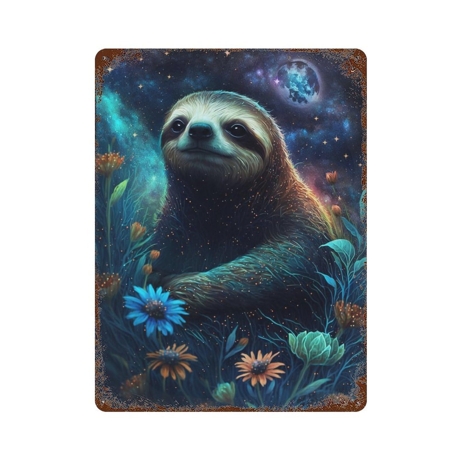 Galactic Sloth Garden Weathered Tin Sign 15.7"x11.8", for Shed, Workshop And Garage Wall Decor, Decorative Metal Wall Art