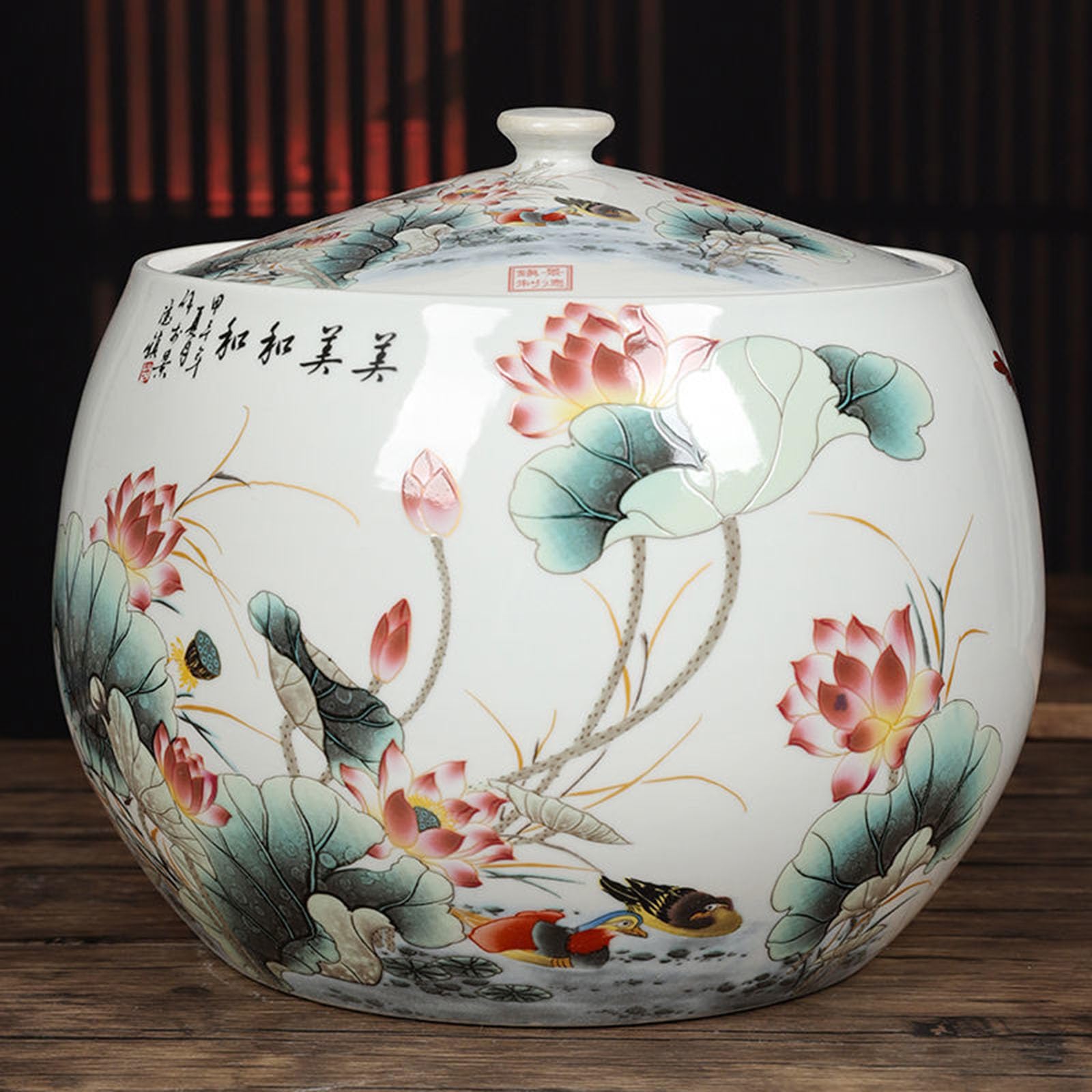 Chinese ceramic rice jar, ceramic rice jar with lid, ceramic rice bucket, household ceramic rice container, grain dispenser, airtight ceramic rice bin, airtight storage container for food storage