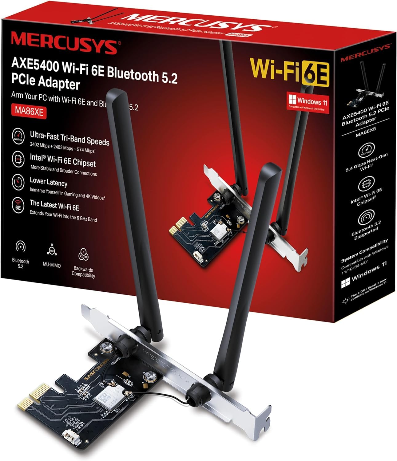 MERCUSYS TP-Link MA86XE PCIe Adattatore AXE5400Mbps Wi-Fi 6E Bluetooth 5.2, Chipset Intel Wi-Fi 6E, WPA3, MU-MIMO, OFDMA, Scheda WiFi PC Fisso, Velocità Tri-Band, Supporta Windows 10, 11