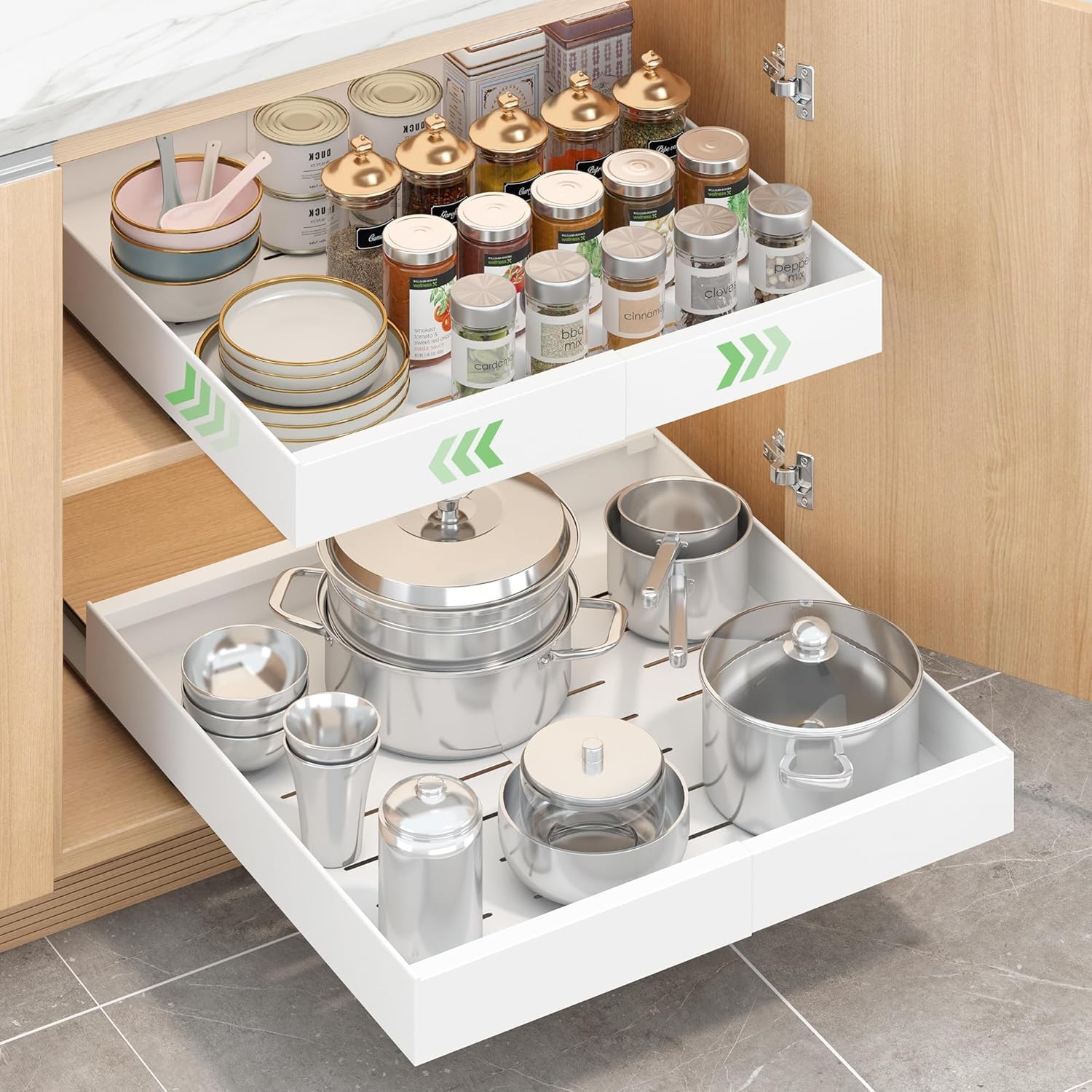 NEWFUN Cassetti Estraibili Per Cucina，Cassetto Estraibile Per Dispensa，Larghezza Regolabile Da 32 a 53 CM Con Guida Autoadesiva Silenziosa,Non Richiede Forature Né Chiodi，Set Da 2 Organizer