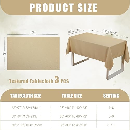 Miniatura 2 de Preboun Mantel rectangular texturizado, 3 piezas, resistente al agua, tela texturizada, mantel rectangular de jacquard, a prueba de derrames, para