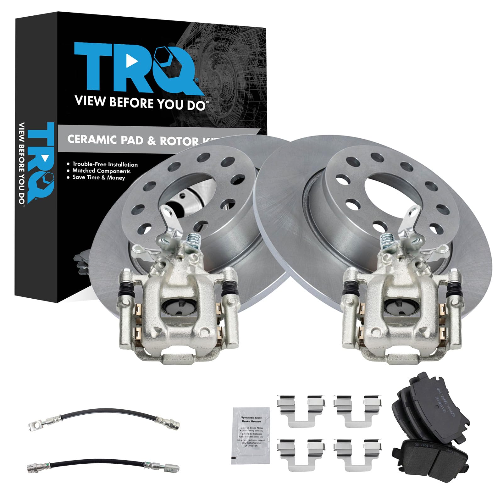 TRQ Rear Brake Pad &amp; Rotor Kit Ceramic Compatible with 2010 Audi A3 A3 Quattro Volkswagen Jetta