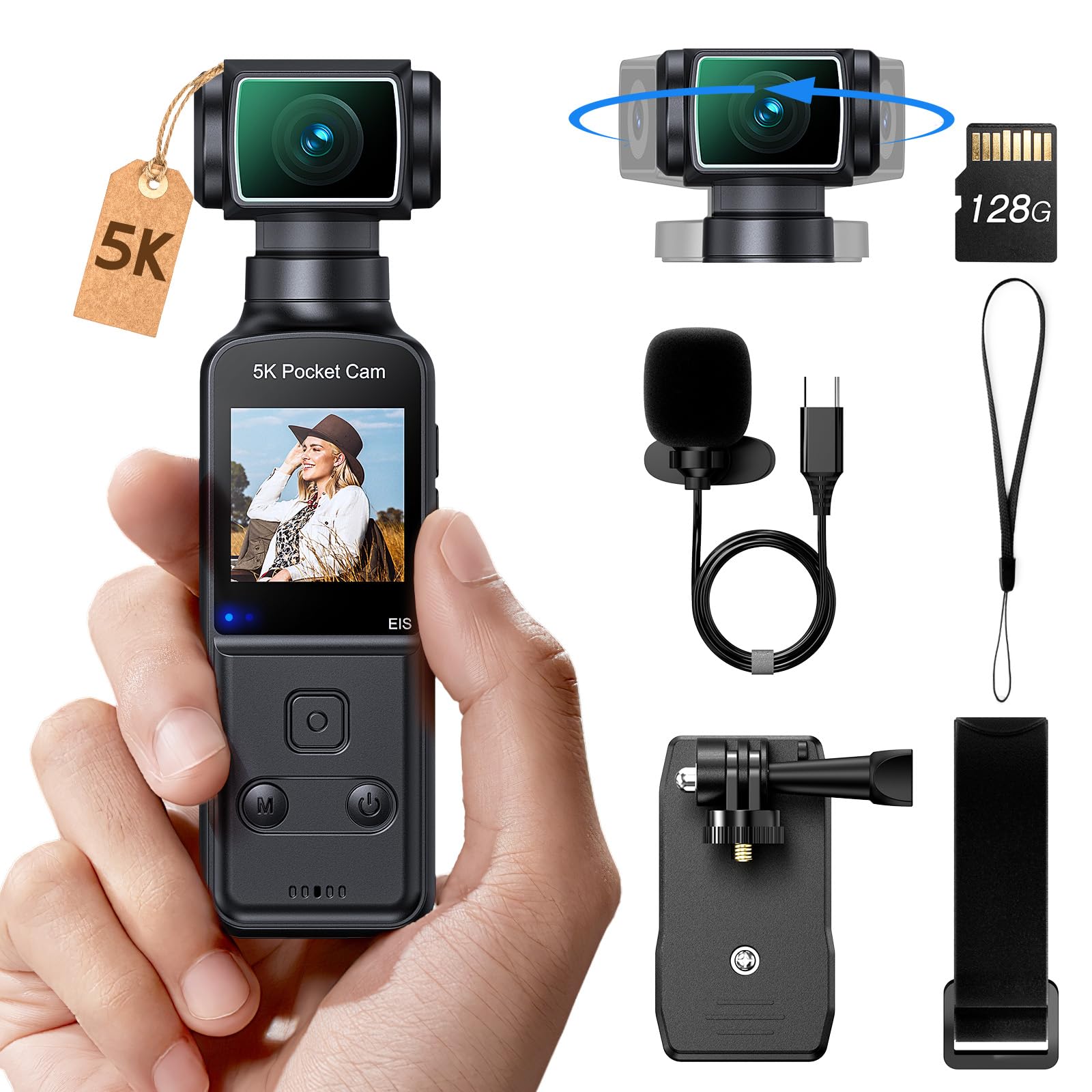 BOBLOV 5K Body Camera with Microphone, W5 Vlogging Camera, 5K/15FPS and 4K/60FPS with 270° Rotating Lens, External Mic Support, Clip/Strap Options, EIS Stabilization for Meeting, and Daily Use