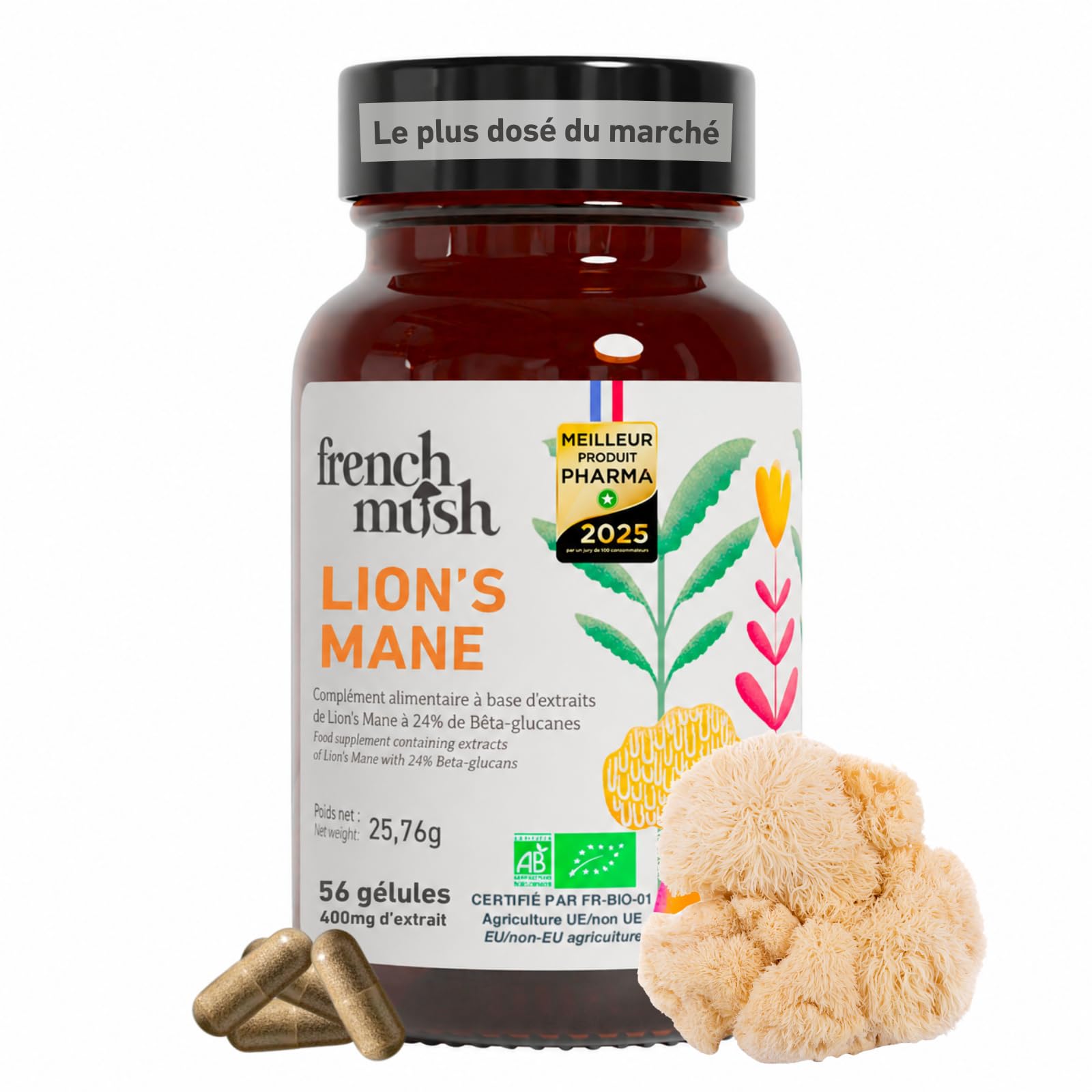 French Mush - Lions Mane Bio 8000 mg - 56 Gélules Vegan pour le Cerveau, Bien-Être, Stabilité Humeur - 1 à 2 Gélules/Jour - Extrait Crinière de Lion Riche en Molécules Bioactives - Fabriqué en France