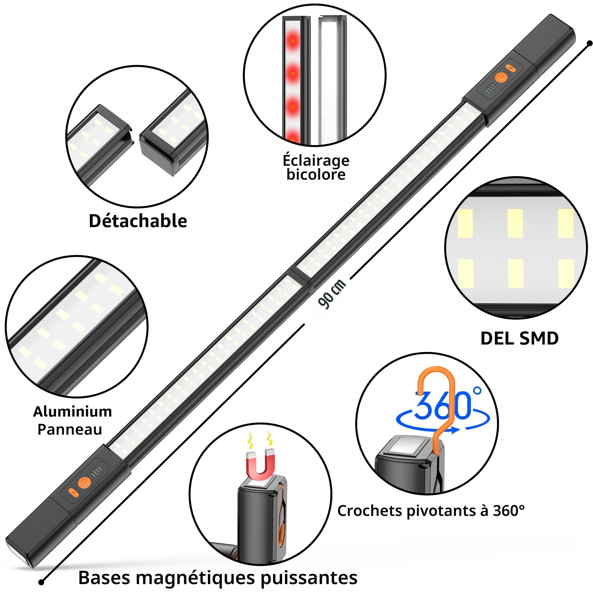 daphomeu Lampe de Travail LED Amovible Pour Compartiment Moteur En TôLe d'Aluminium - Rechargeable Avec Aimant Et Crochetm - LumièRe Claire Et Sans Fil Pour Capot Moteur