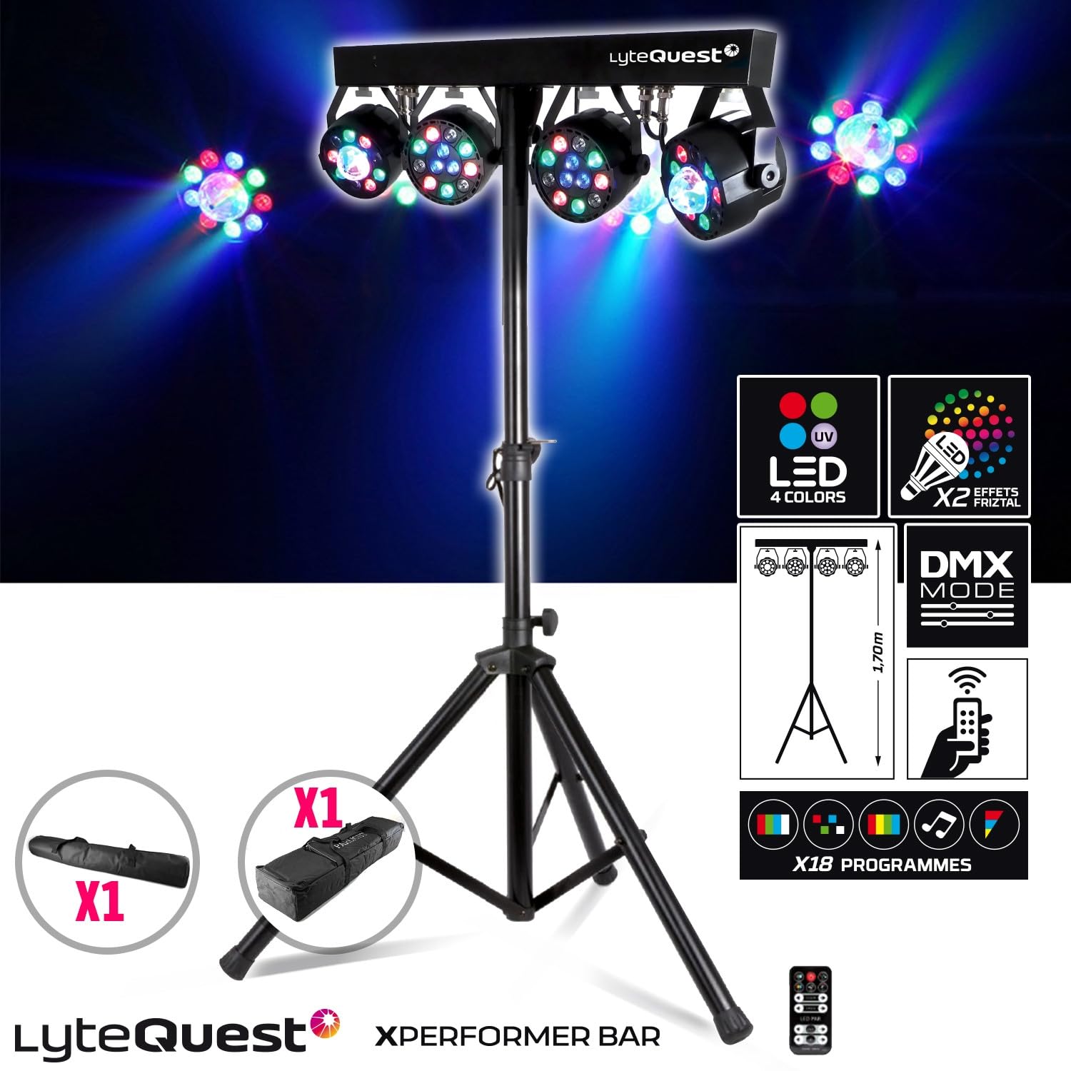 Système Sono Pro Complet 2400W DJ BM Bmsonic, 4 Enceintes Satellites, 2X Méga SUB 38cm USB/Bluetooth, Portique Eclairage Lumières