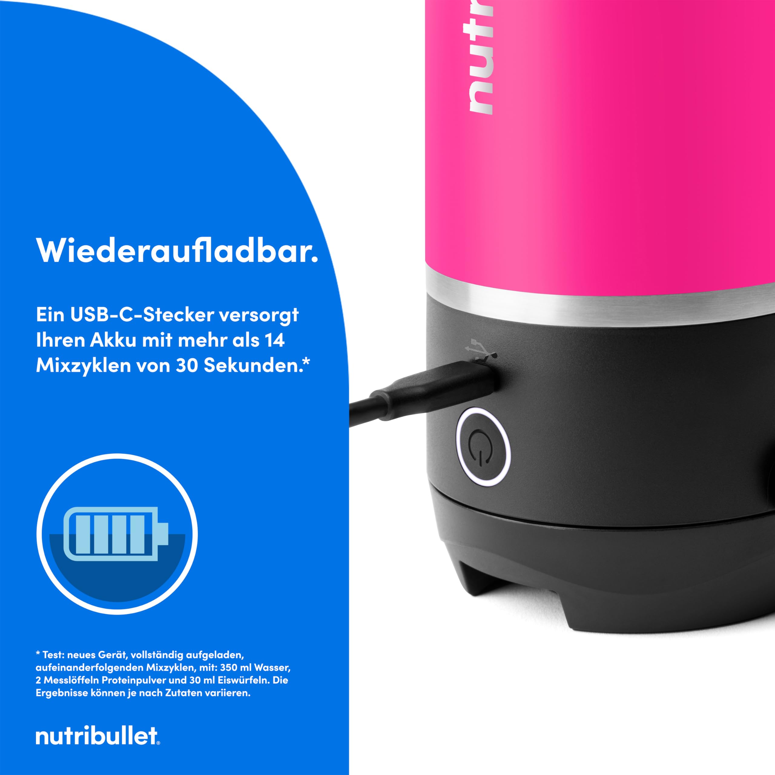 nutribullet Flip, Smoothie Mixer to go, 590 ml isolierter Edelstahl Thermobecher, hält 24h kalt, kabellos, wiederaufladbar (USB-C) für 14+ Mixvorgänge, Eiscrusher, Pink, NBP016MA