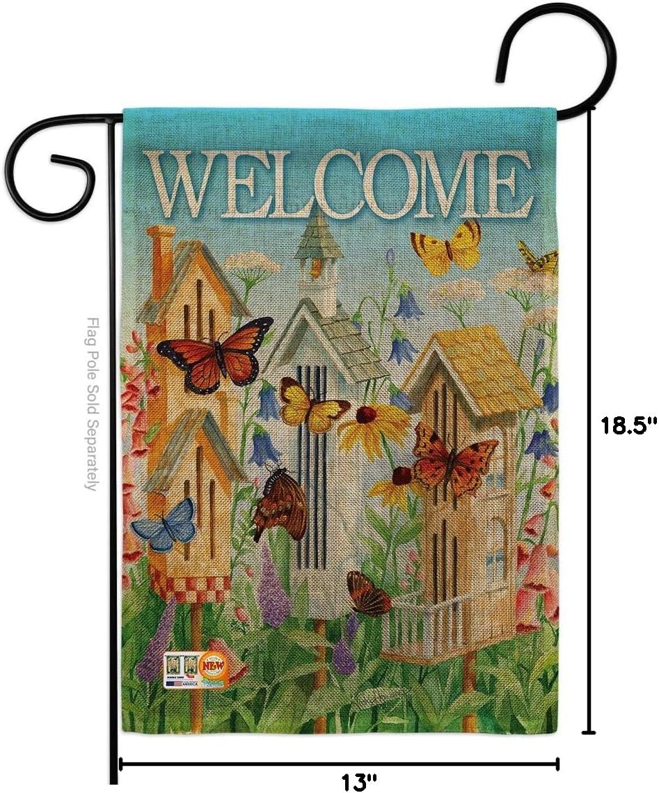 Welcome Butterfly Houses Burlap Garden Flag Friends Ladybugs Dragonfly Bee Springtime Insect Natural Wildlife Small Decorative Gift Yard House Banner Double-Sided Made In USA 13 X 18.5