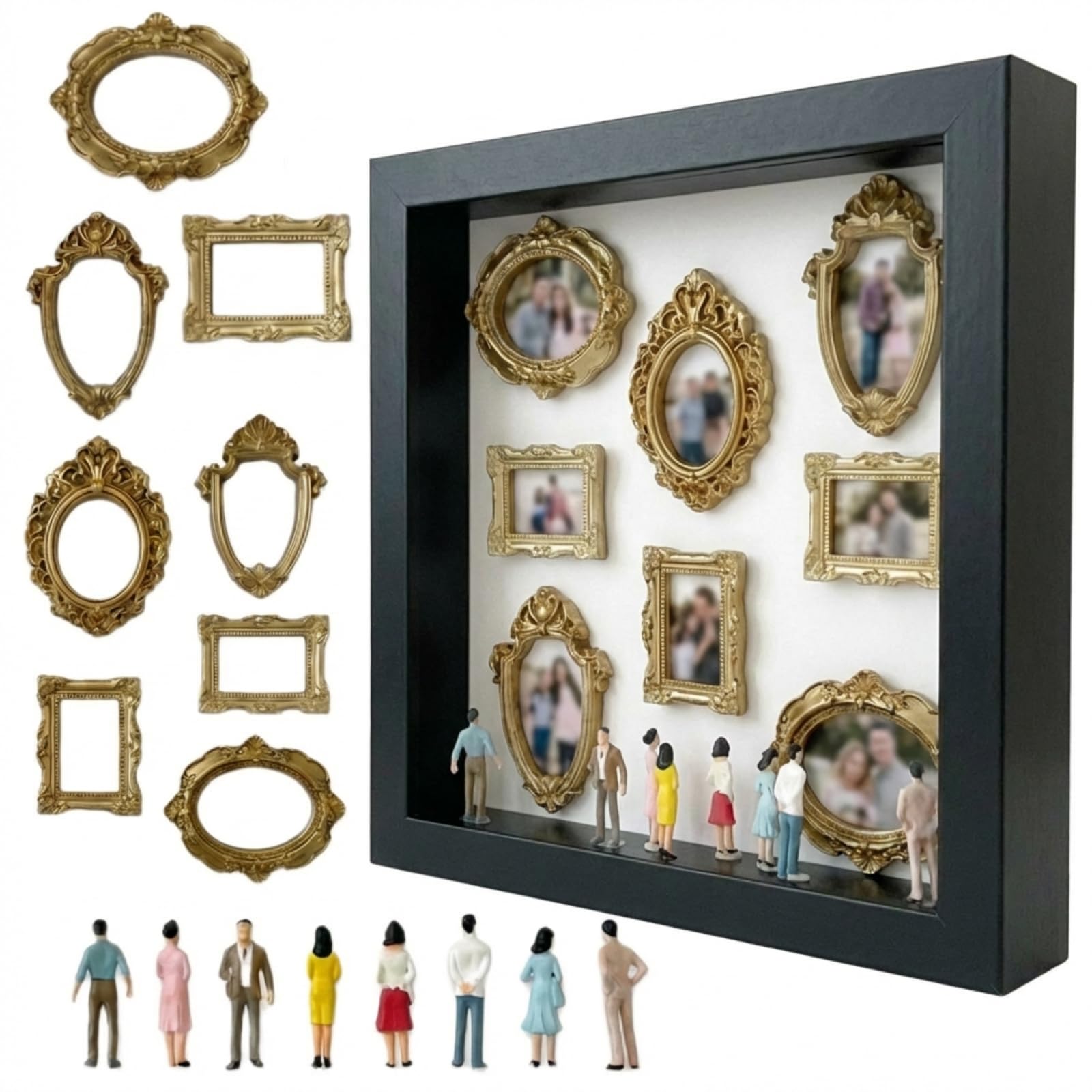 DIY Mini Museum Silhouette Box, Mini Museum of Us Box, Shadow Box Frame Kit with 8 Gold Mini Frames & 8 Figurines, Personalized Photo Display Case for Anniversary, Wedding & Home Decor (Black)