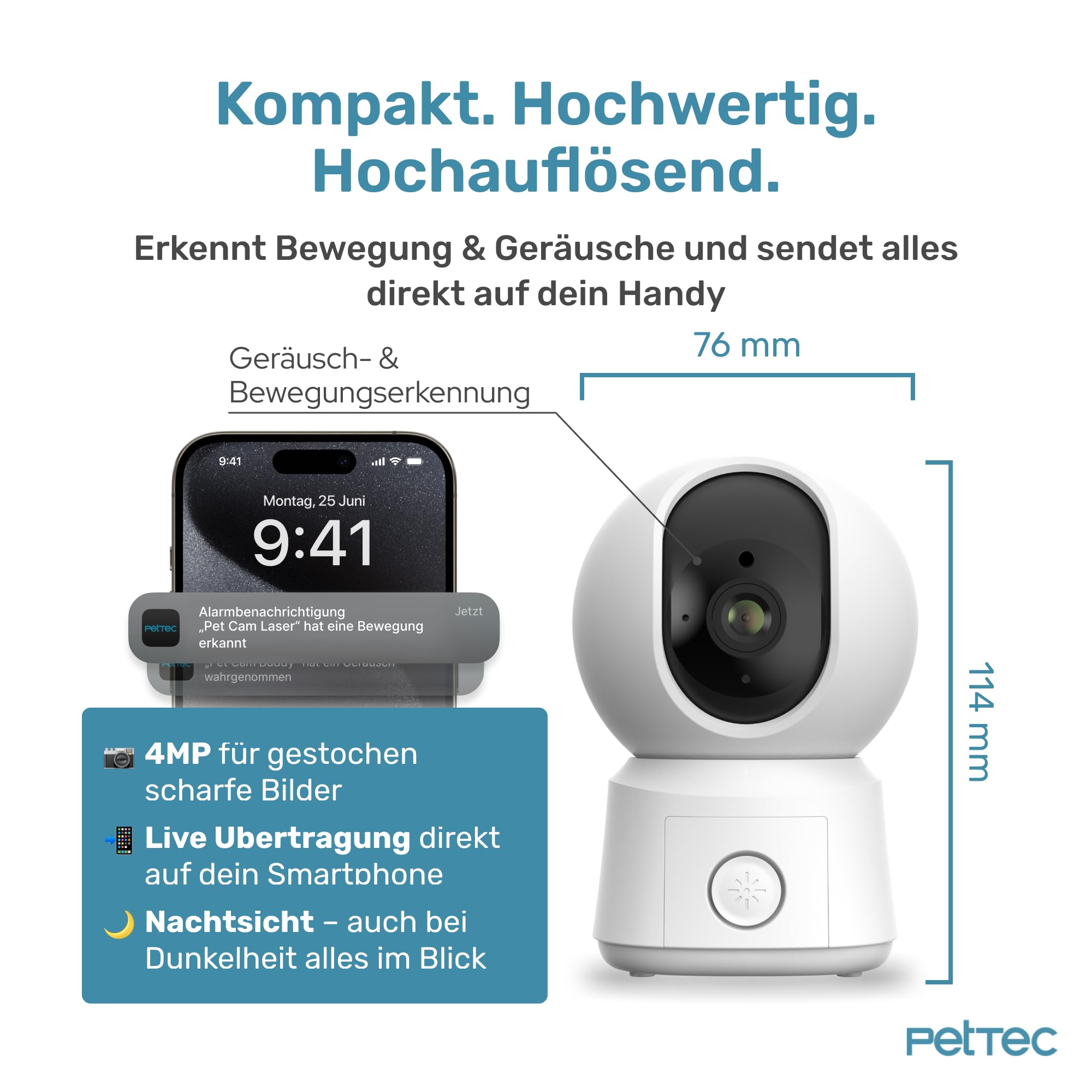 PetTec® Pet Cam Laser - Haustierkamera mit App [OHNE ABO-Falle] - Katzen Kamera Zuhause mit Bewegungserkennung & Nachtsichtfunktion - 4MP Rundumblick 360° Schwenken & Neigen - Katzenspielzeug
