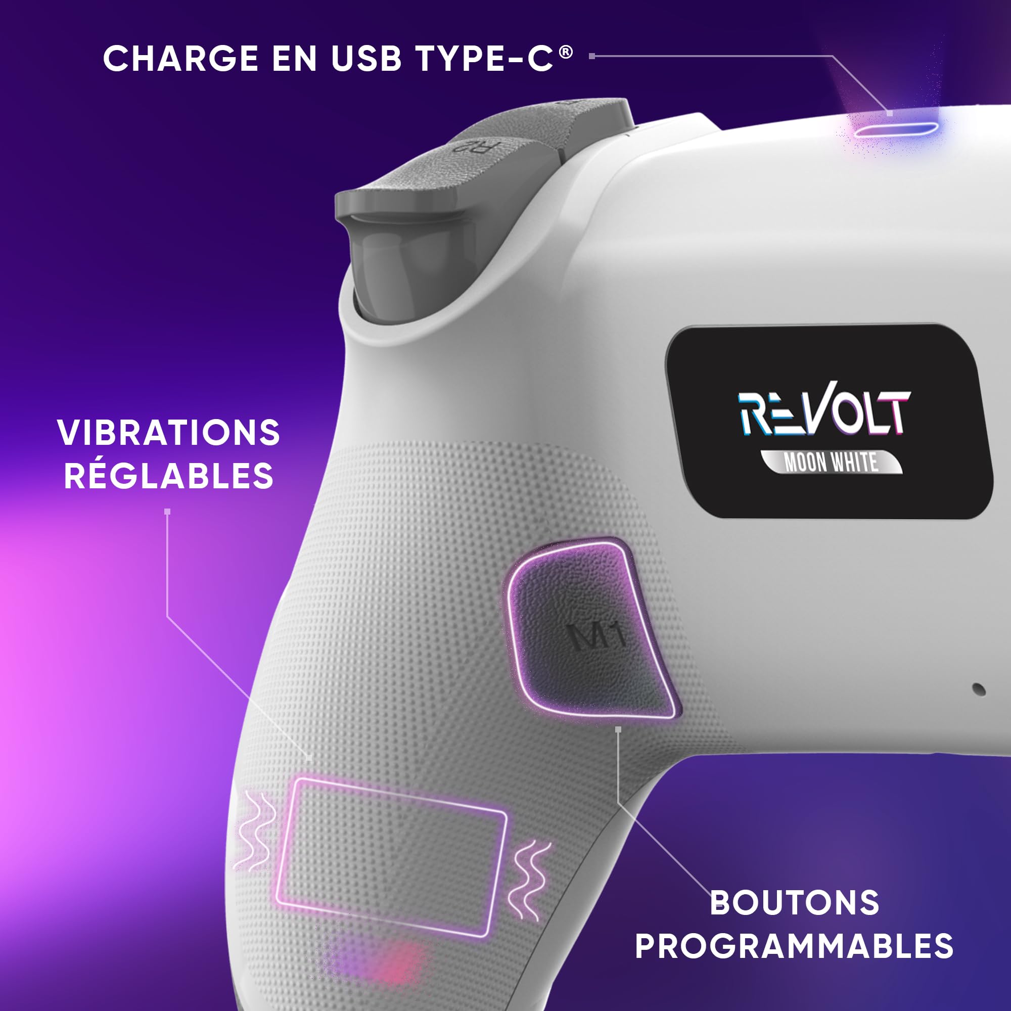 Manette sans fil pour PS4 PS3 PC ANDROID iOS, Sortie Casque, Joystick Hall Effect, Batterie Rechargeable 1000mAh, boutons macro, mode Turbo, Wake up, Gyroscope 6 axes, Revolt Moon White