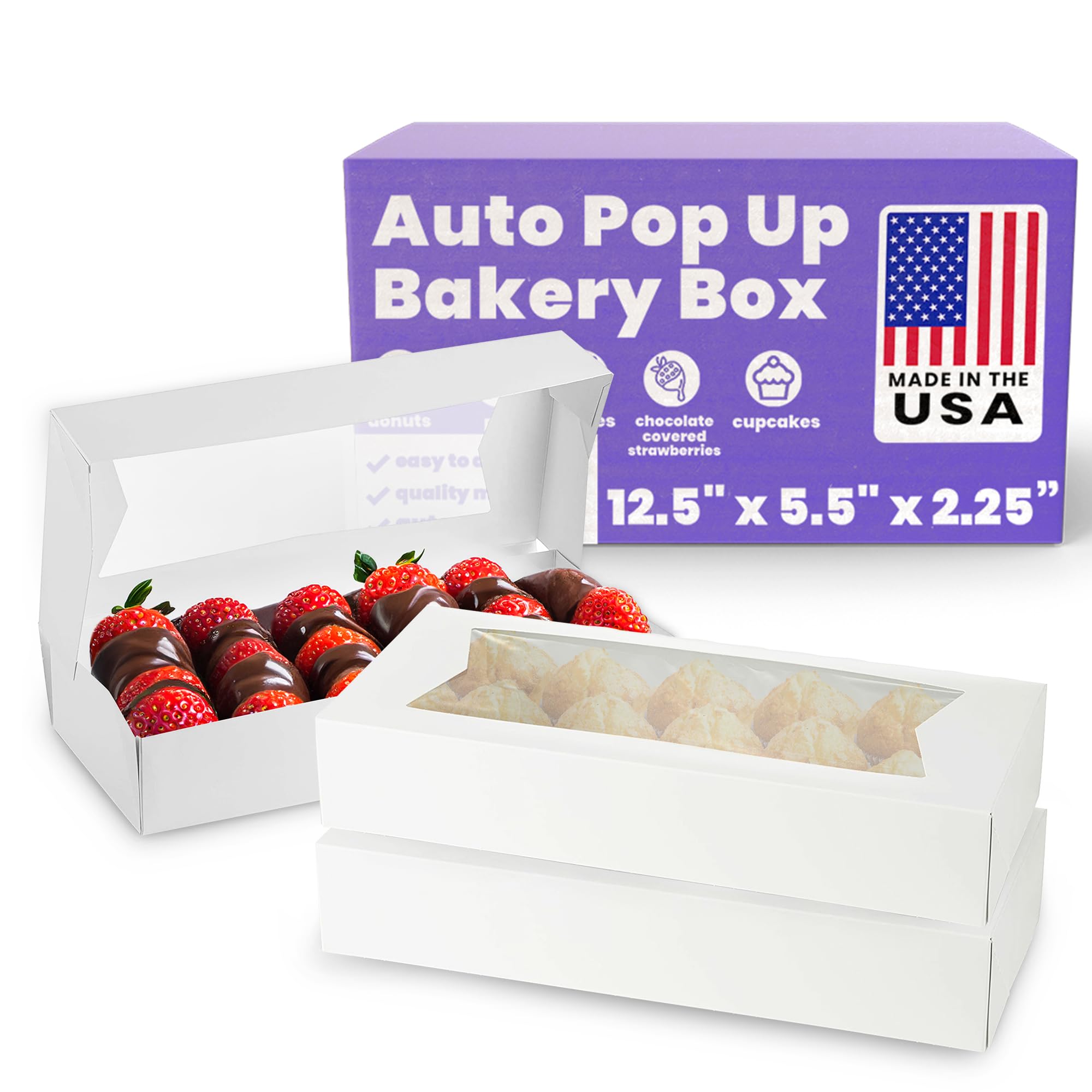 MT Products White Chocolate Covered Strawberry Boxes 12.5" x 5.5" x 2.25" - Bakery Boxes with Window - Pack of 15