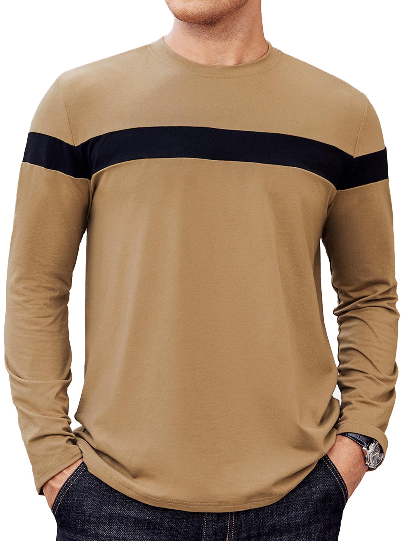 Hardaddy Men's Long Sleeve Tee Shirts Color Block Pullover Casual Basic T-Shirts