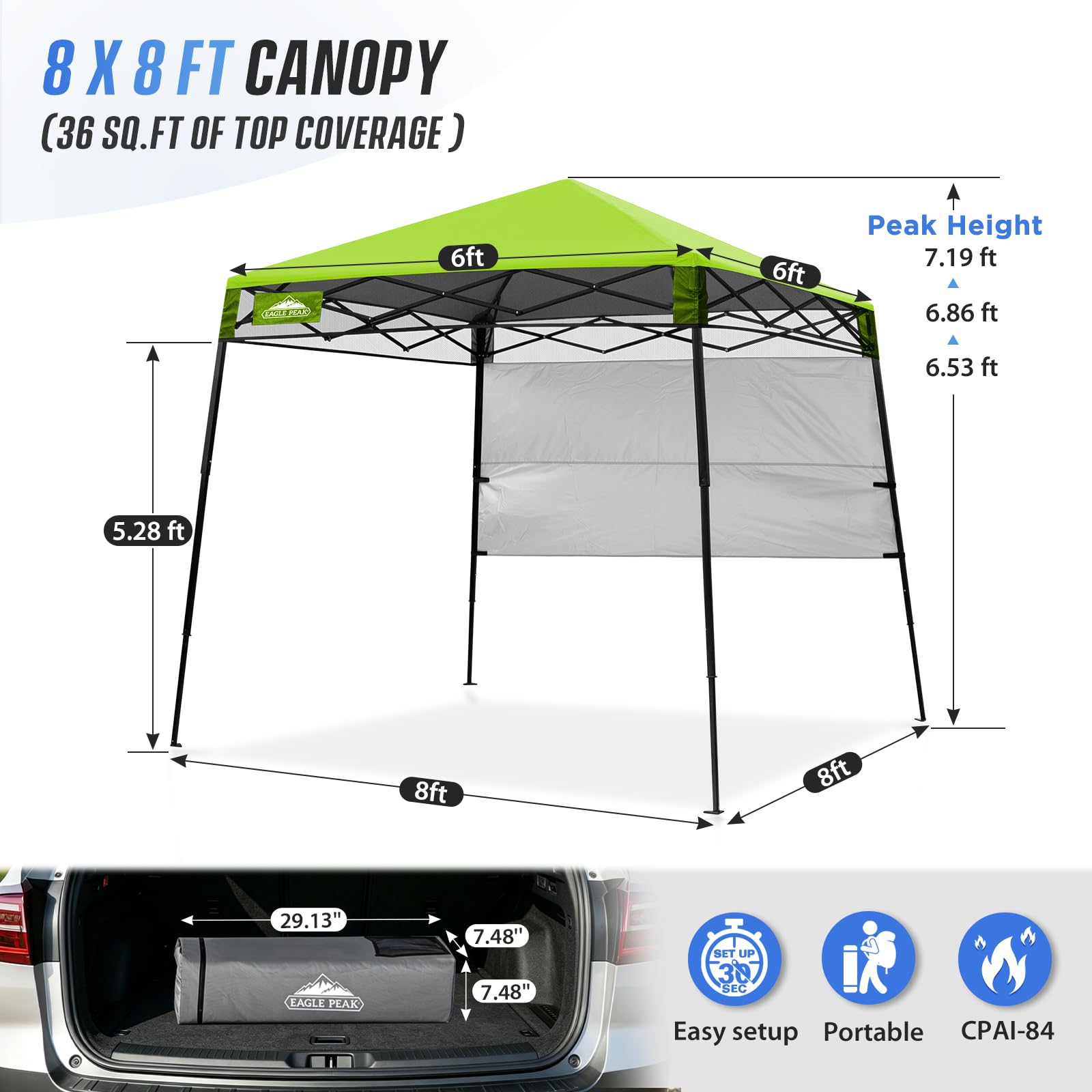 EAGLE PEAK Tente Parasol dépliable 2,4x2,4 m avec paroi latérale, abri Solaire instantané à Pieds inclinés Compact et Portable pour Plage, Sports et Camping, Base 2,4x2,4 m, Sommet 1,8x1,8 m, Vert