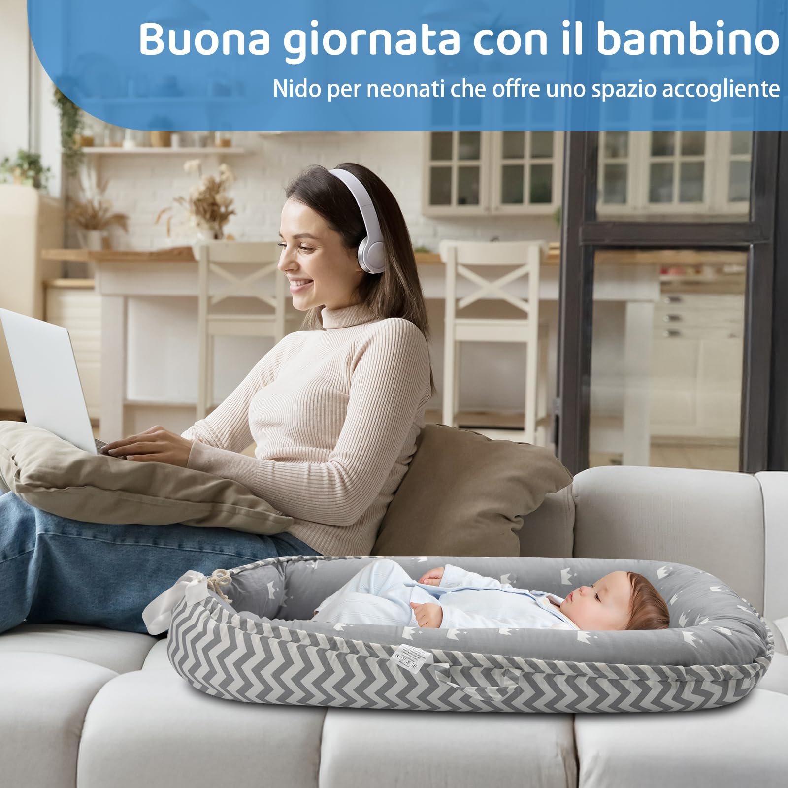 ROMAGIO Baby Lounger morbido e traspirante, nido portatile per neonati con copertura per bambini 0-24 mesi, per co-sleeping, idea regalo per bambini (bianco)