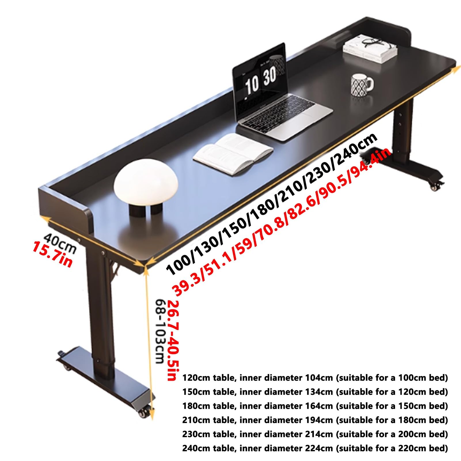 Regulacją Wysokości Stolik Przyłóżkowy na Kółkach, Mobilne Biurko Pod Laptopa, Stolik Roboczy nad Łóżko z Przegrodami, Biurko Komputerowe do Sypialni(Wit,240cm/94.4in)