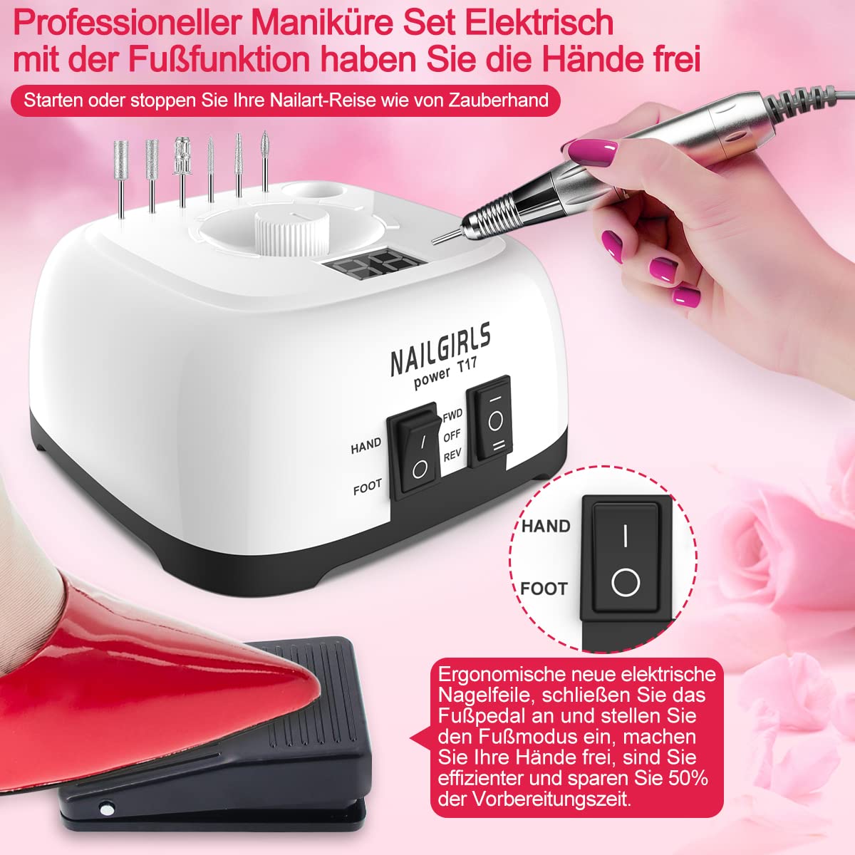 NAILGIRLS Elektrische Nagelfräser, 11 in 1 Nagelfräser für Gelnägel, 35000 U/min, Leise, mit LCD-Display und Fußpedal, Maniküre Set Elektrisch, Maniküre Pediküre Set für Anfänger & Profis(Weiß)