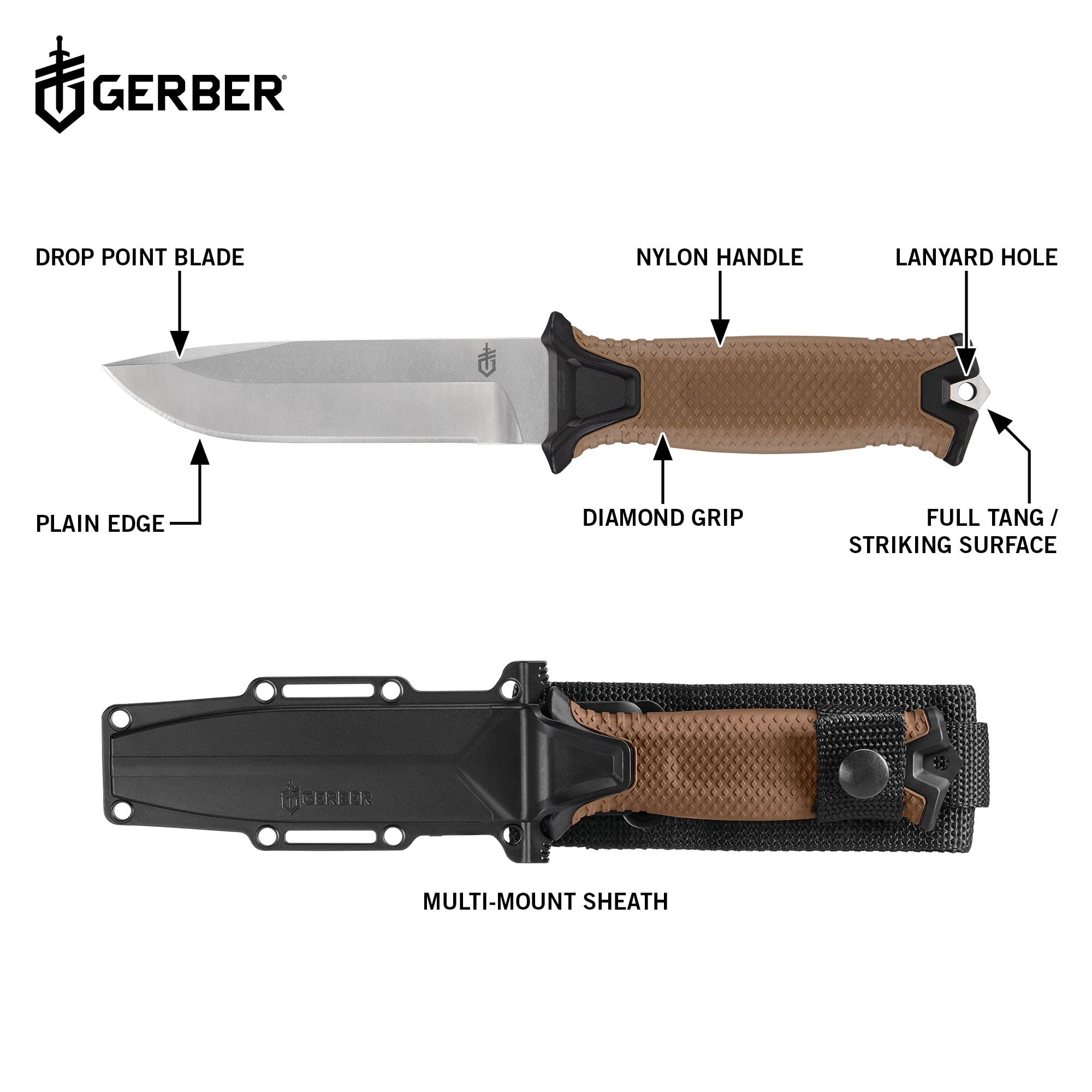 Gerber Gear StrongArm Magnacut - Fixed Blade Survival Tactical Knife for Camping, Outdoor, Hunting - Ergonomic Utility Tool with Sheath - Made in USA - Coyote Brown, Plain Edge
