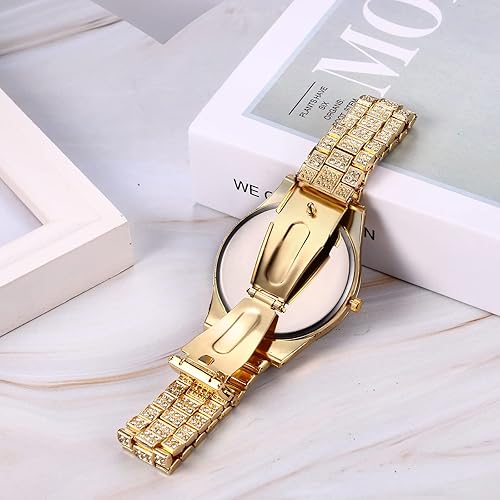 Miniatura 4 de JewelryWe Mens Iced Out Watches Round Quartz Calendar Wristwatch Hip Hop Gold Plated Stainless Steel Dress Watch for Christmas
