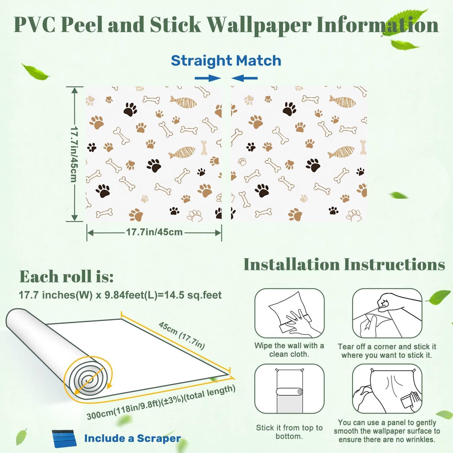 Peel and Stick Wallpaper Wall Decor Contact Paper Removable 17.7"x118.1" Wall Paper Cute Paw Prints Bones Warm Earth Tones for Classroom Bedroom Desk Cabinets Drawers Kitchen