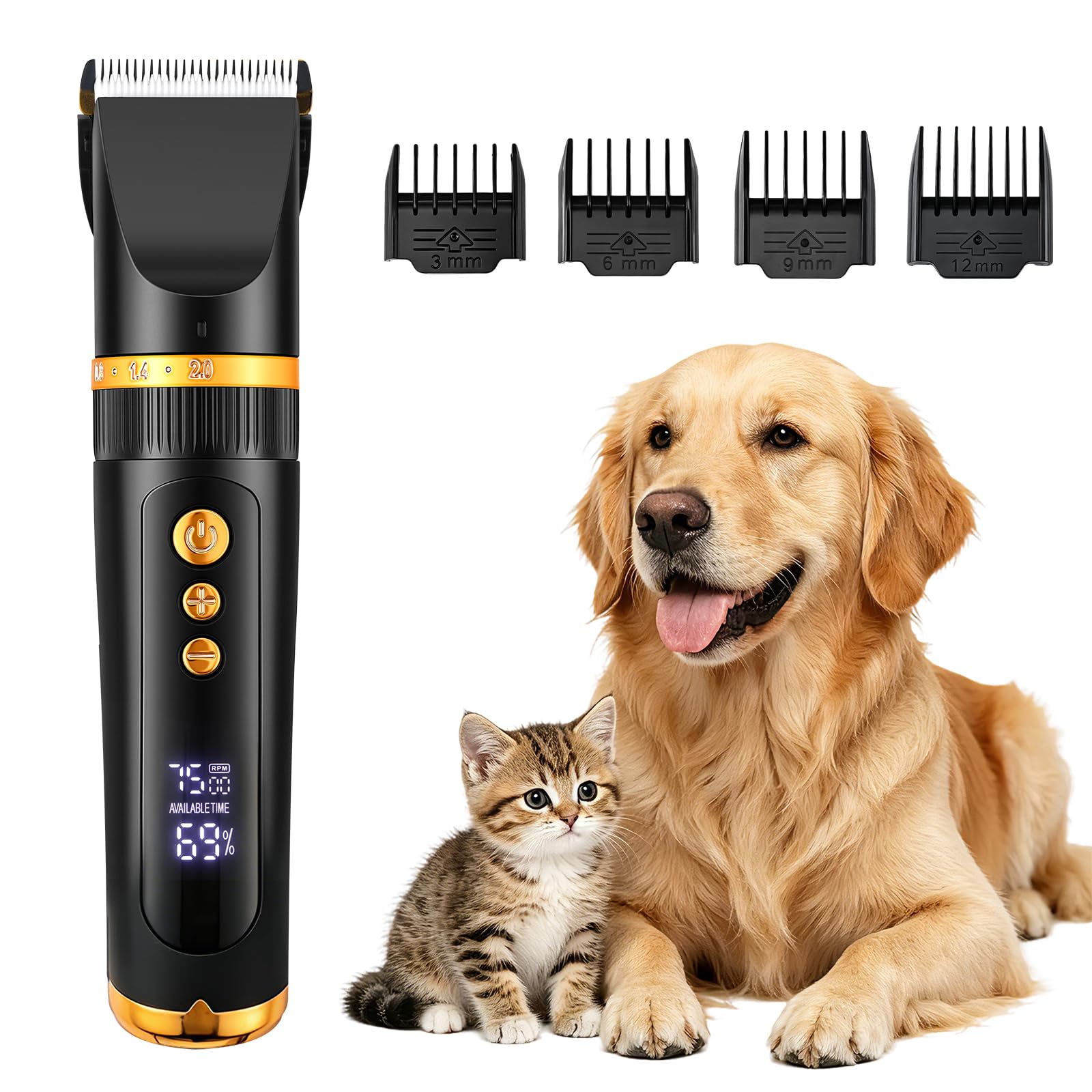 CGOLDENWALL Cortapelo Perros Inalambrico, 6500-7500RPM, Perros Gatos | Cuchillas Titanio Ceramica, 210min Autonomia, 4 Peines, Carga USB, Dorado