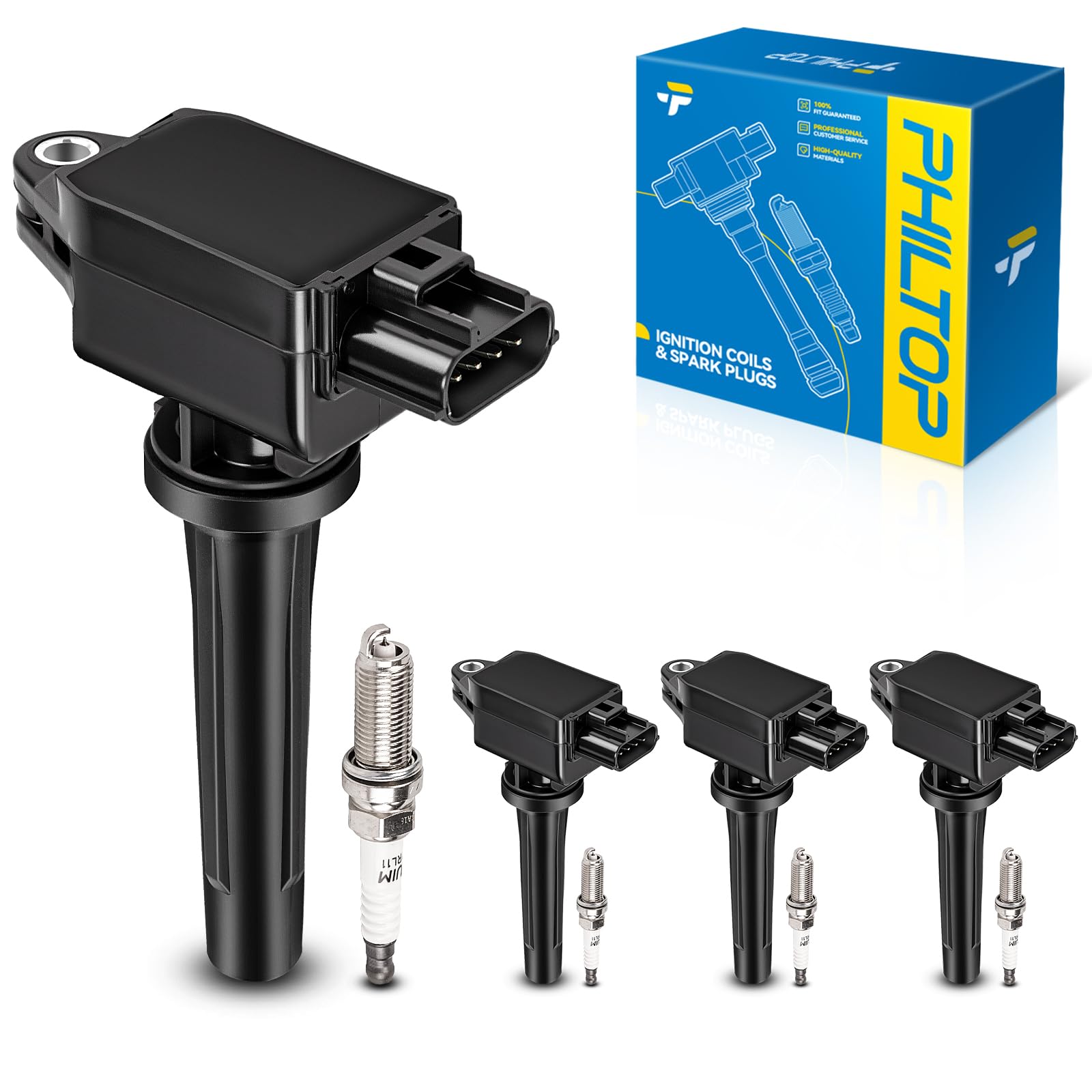 PHILTOP Ignition Coil Pack and Spark Plugs Fits for Mazda 2012-2024 3 L4 2.0L/2.5L, 2016-2021 CX-3, 2013-2018 CX-5, 2014-2017 6, 2023-2024 CX-50, 2020-2023 CX-30 L4 2.5L, 2020 CX-30,4PCS UF656