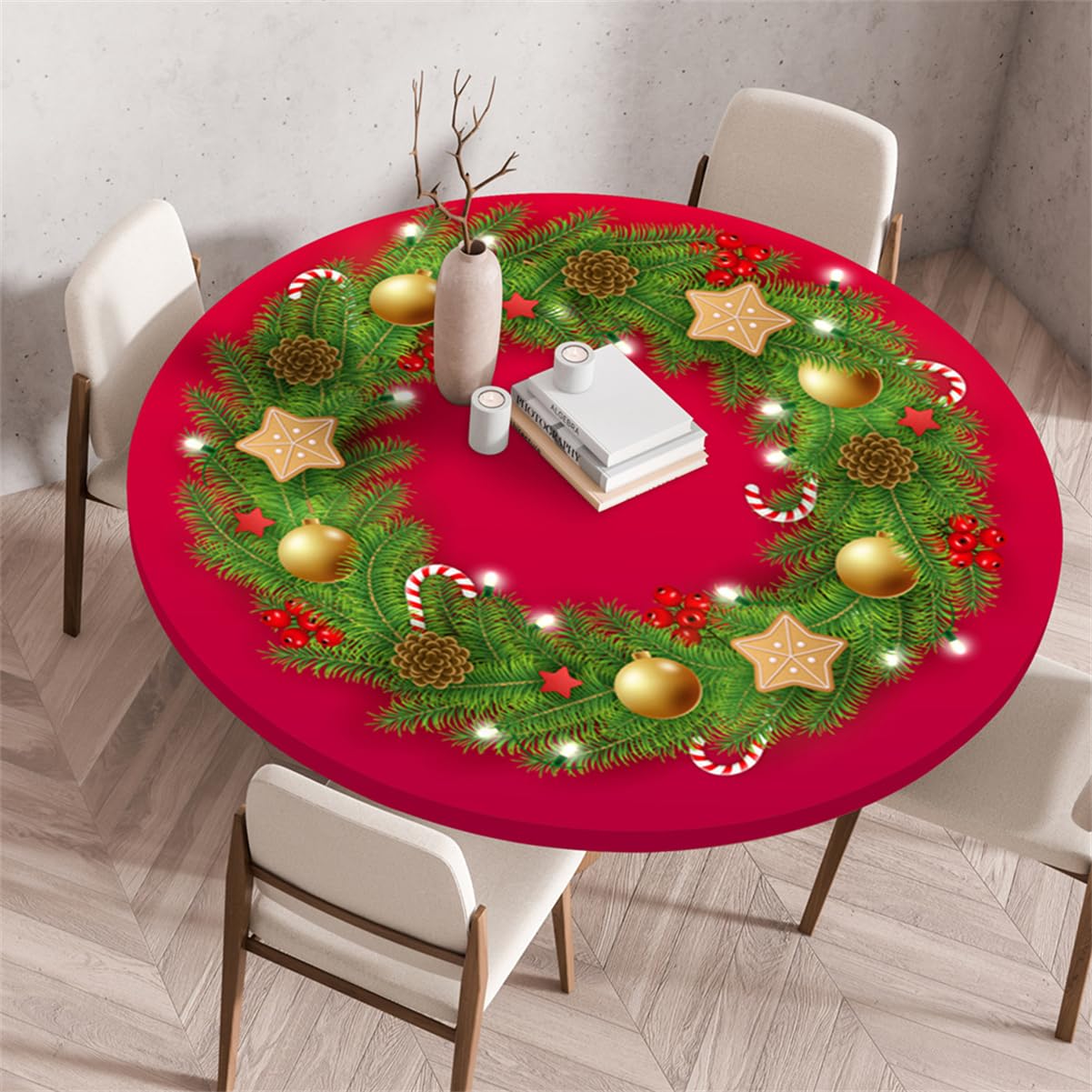 RUILBJ Round Tablecloth with Elasticated Edges Christmas Style Theme Tablecloths Coffee Table Cover Waterproof Oil-Proof Reusable Tablecloths for Dining Bistro Outdoor Garden (Red,80cm)