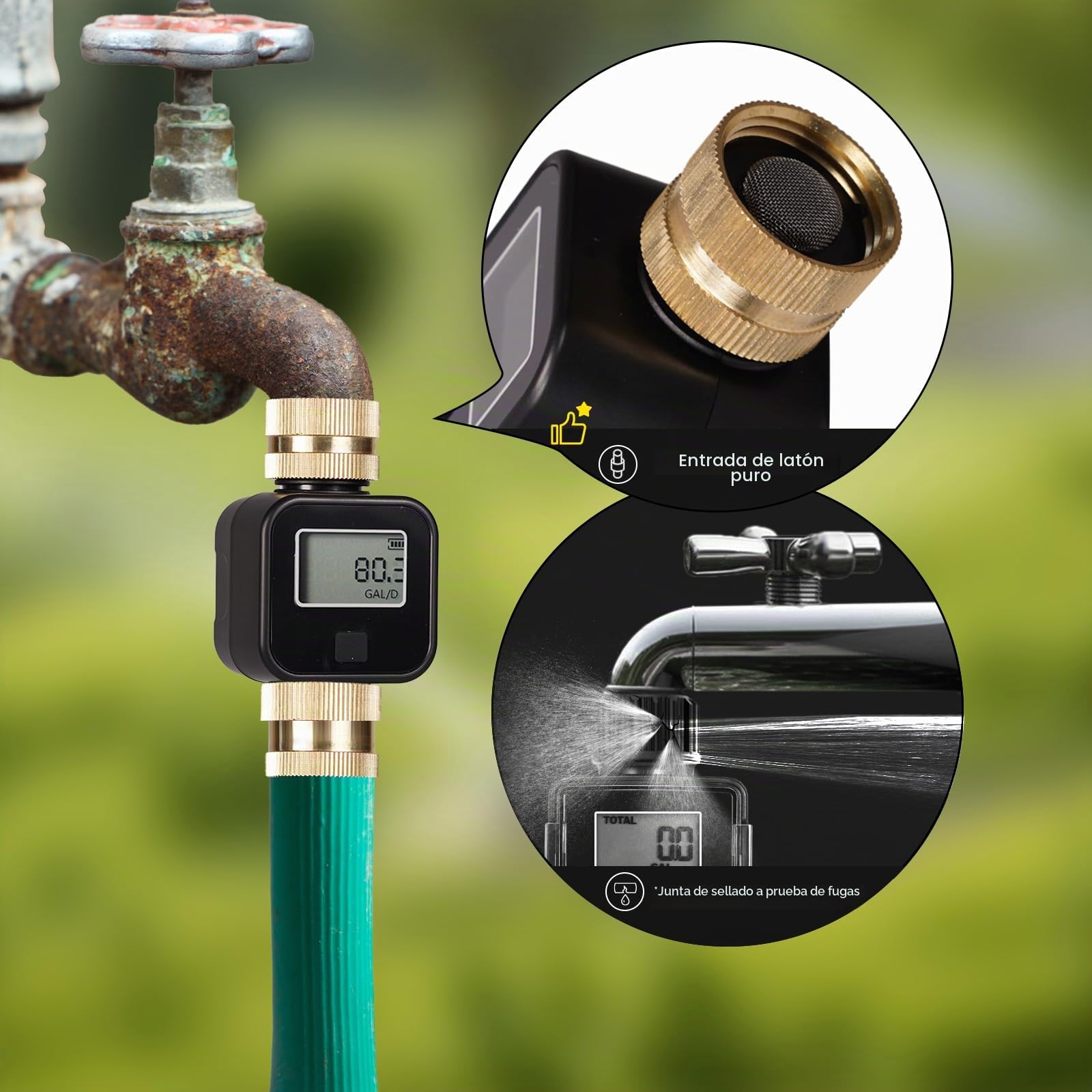 Contador de Agua de Agua, medidor de Agua Digital, medidor de Flujo de Agua con Rosca de latón, Contador de Agua de jardín con 4 Modos de medición, Reloj de Agua de Alta precisión, para riego de