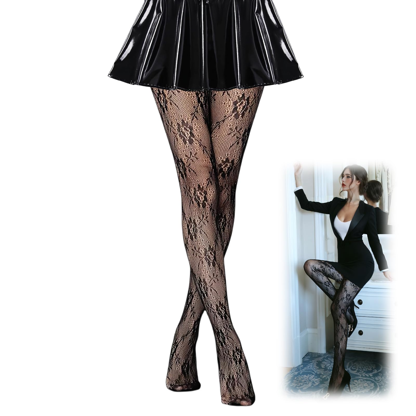 Taglia Unica Collant Collant A Rete Donna Nero, Pizzo Floreale