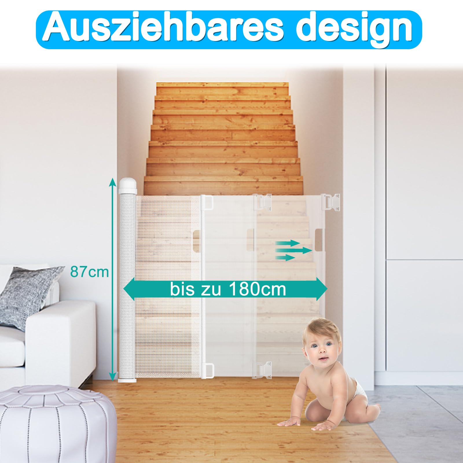 UISEBRT Cancelletto di sicurezza per porta a rullo, cancelletto di sicurezza per scale a rullo, estensibile 0-180 cm, barriera, cancelletto per porta per cani, per neonati e animali domestici, bianco