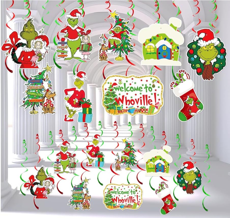 36pcs Welcome to Whoville Hanging Streamers Decorations, Hanging Swirls Party Decorations Green Monster Ceiling Decorations Christmas Birthday Party Decorations Outdoor Decorations for Christmas
