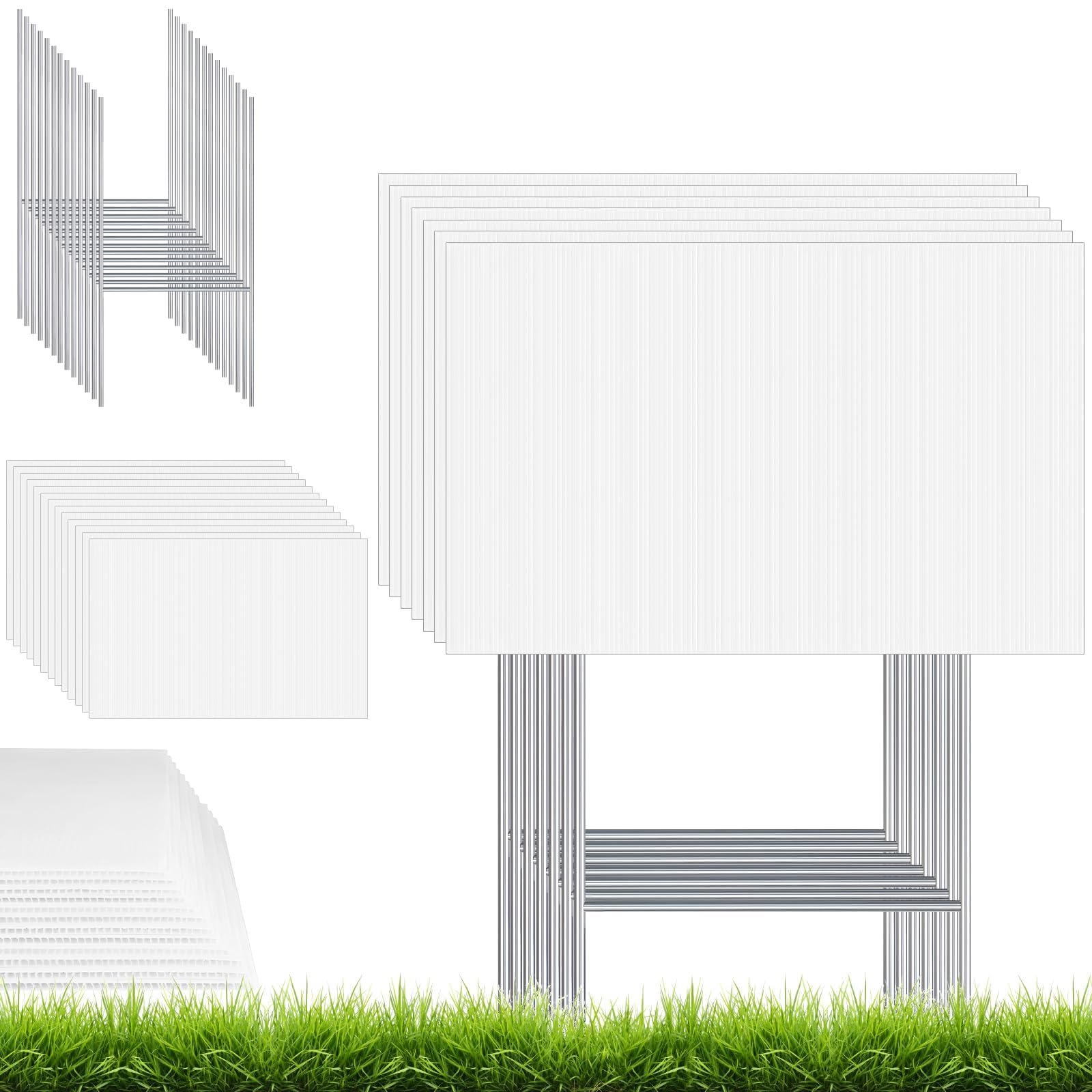 20 Pièces Panneaux de Jardin Blancs avec Piquets – Panneaux Extérieurs en Plastique Alvéolaire 41 x 30 cm avec Supports Métalliques en H, pour Location, Vide-Grenier, Fléchage, Mariage, Fête