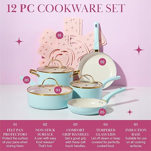 Miniatura 2 de Paris Hilton Epic - Juego de ollas y sartenes antiadherentes, revestimiento multicapa antiadherente, tapas de vidrio templado, tacto suave, mangos