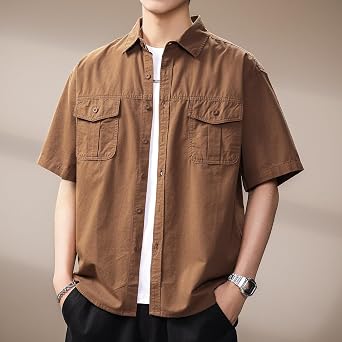 Men's Vintage Cargo Shirt, Multi-Pocket Loose Short Sleeve Summer Tops