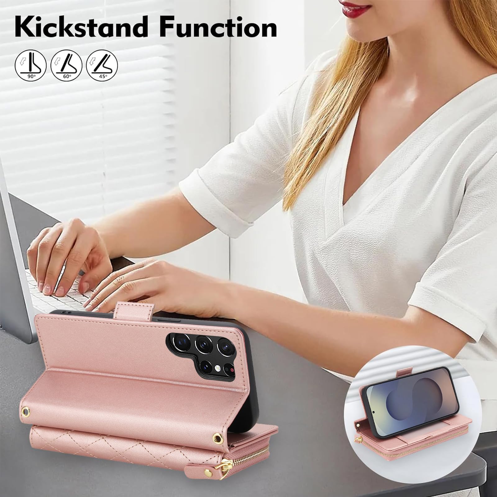 Étui portefeuille compatible avec Samsung Galaxy S24 Ultra 5G - Fermeture éclair - Protection d'écran - Bandoulière à rabat - Porte-cartes - S24Ultra 24S S 24 24Ultra - Pour homme et femme - Or rose