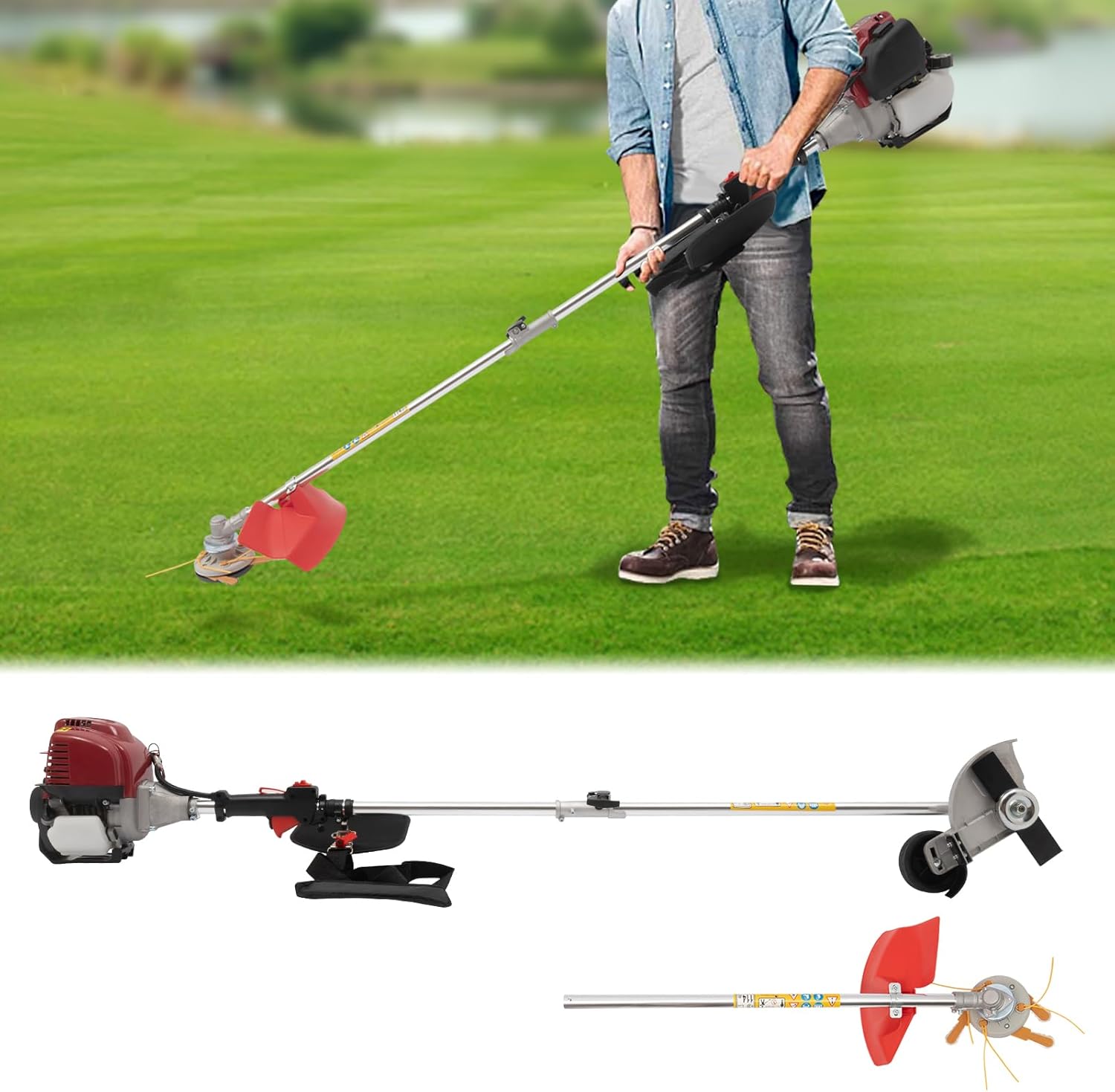 35.88CC Gas Edger Lawn Tool, 4 Stroke Weed Eater with 1 Pair Goggles, Funnel and 2 Blade Heads, Single-Cylinder Brush Cutter Grass Trimmer Tool for Lawn Mowing