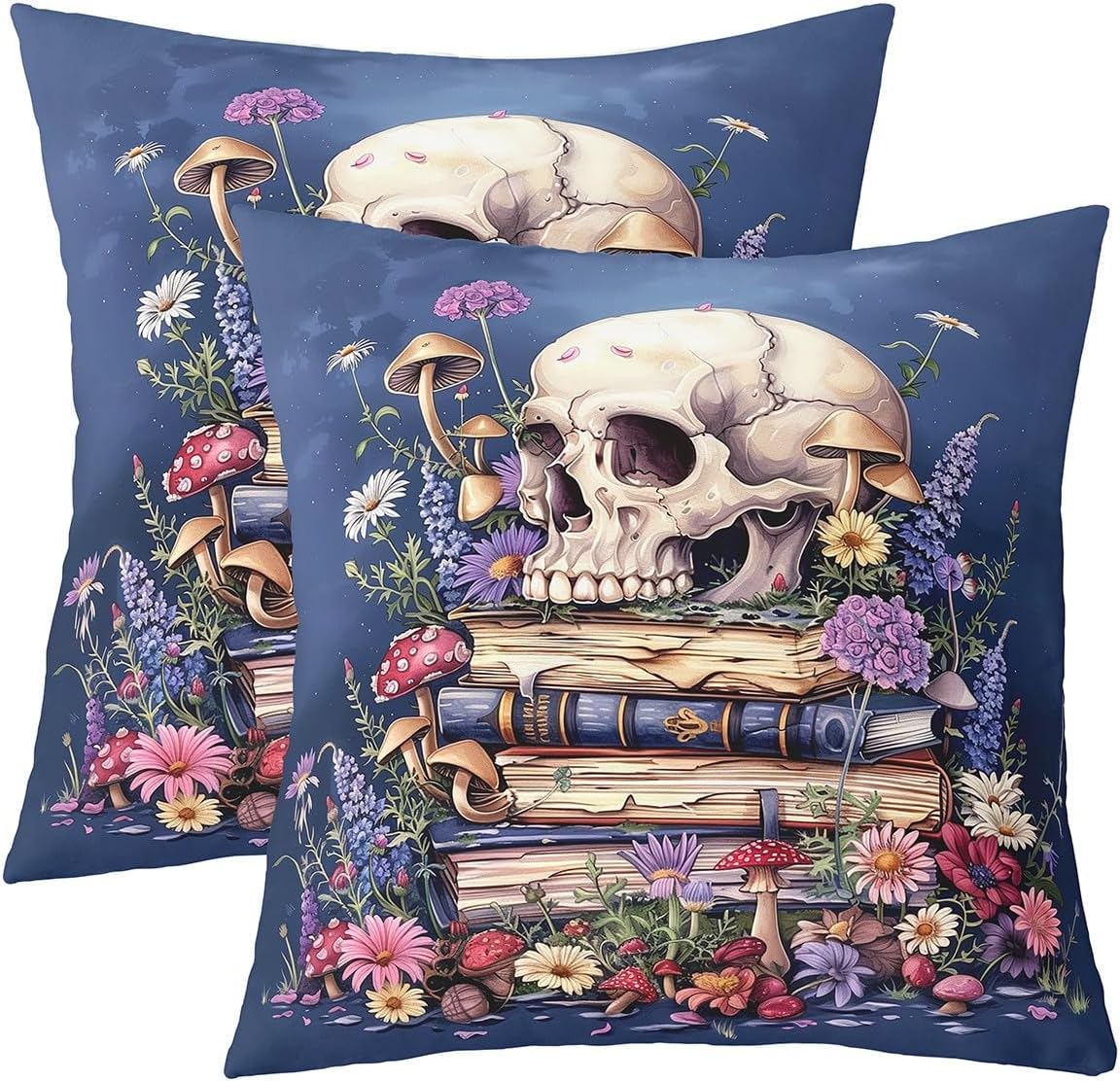 Manfei Skull Books Throw Pillow Covers,Gothic Flowers Leaves Cushion Covers 16"x16" for Boys Teens,Farmhouse Style Pillowcases for Car RV,Rustic Botanical Plants Room Decor,Set of 2