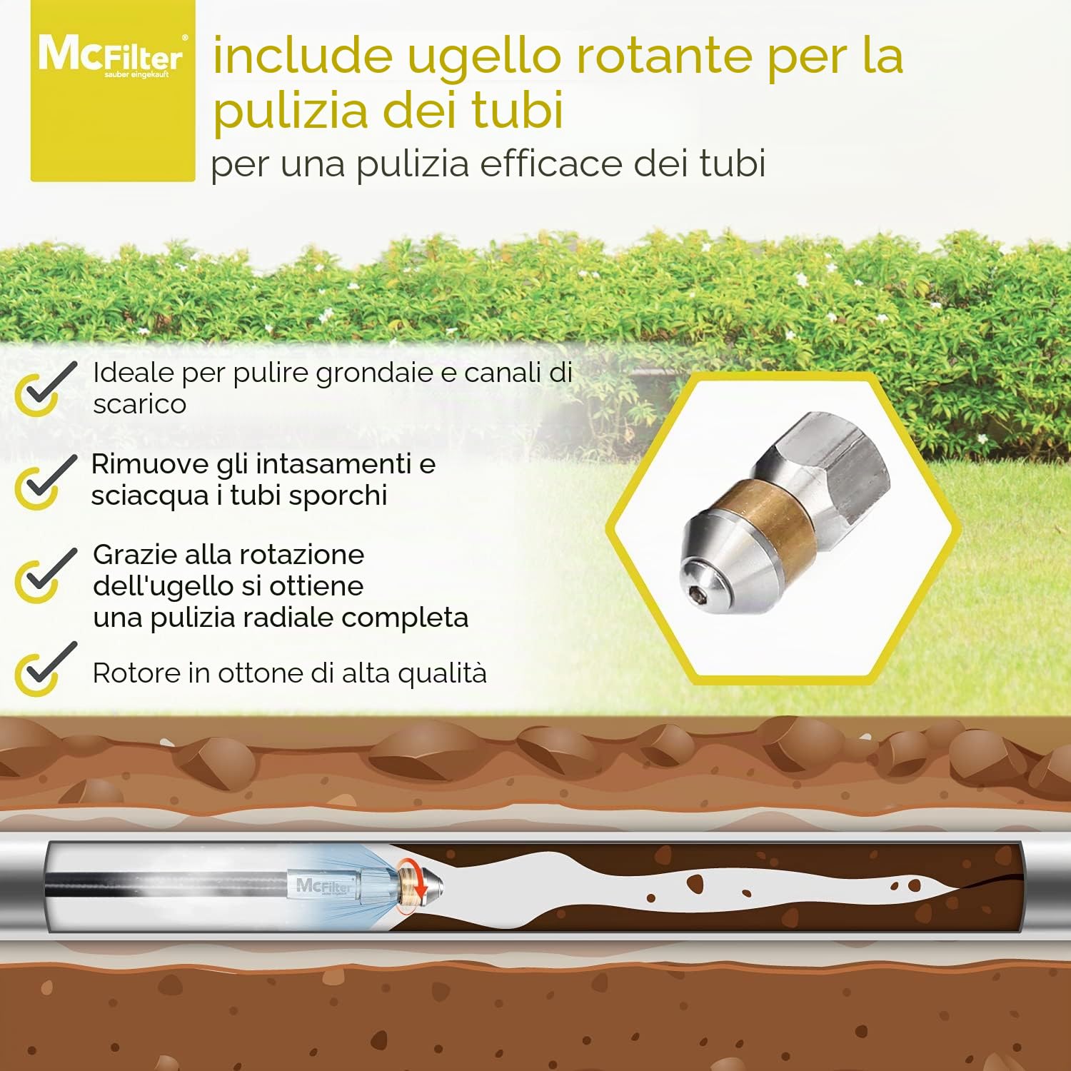 Tubo flessibile per la pulizia dei tubi, 25m, 160-200 bar, adattatore incluso, ugelli rigidi + rotanti, compatibile con le idropulitrici Karcher K2, K3, K4, K5, K6, K7