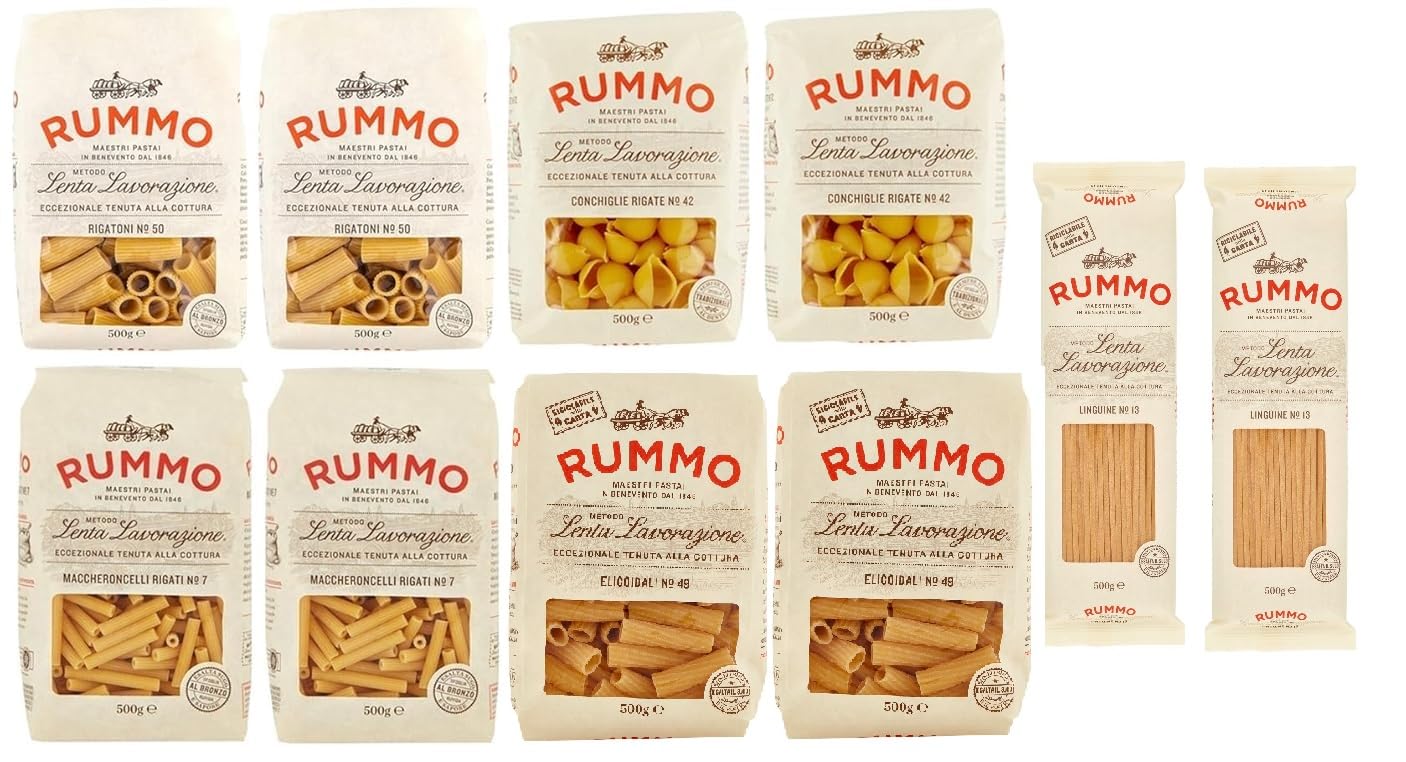 10er-Pack Testpaket Rummo Pasta Maccheroncelli - Rigatoni - Conchiglie Rigate - Lumachine - Tripoline ,Italienische Nudeln aus Hartweizengrieß,Italienische Pasta 500g
