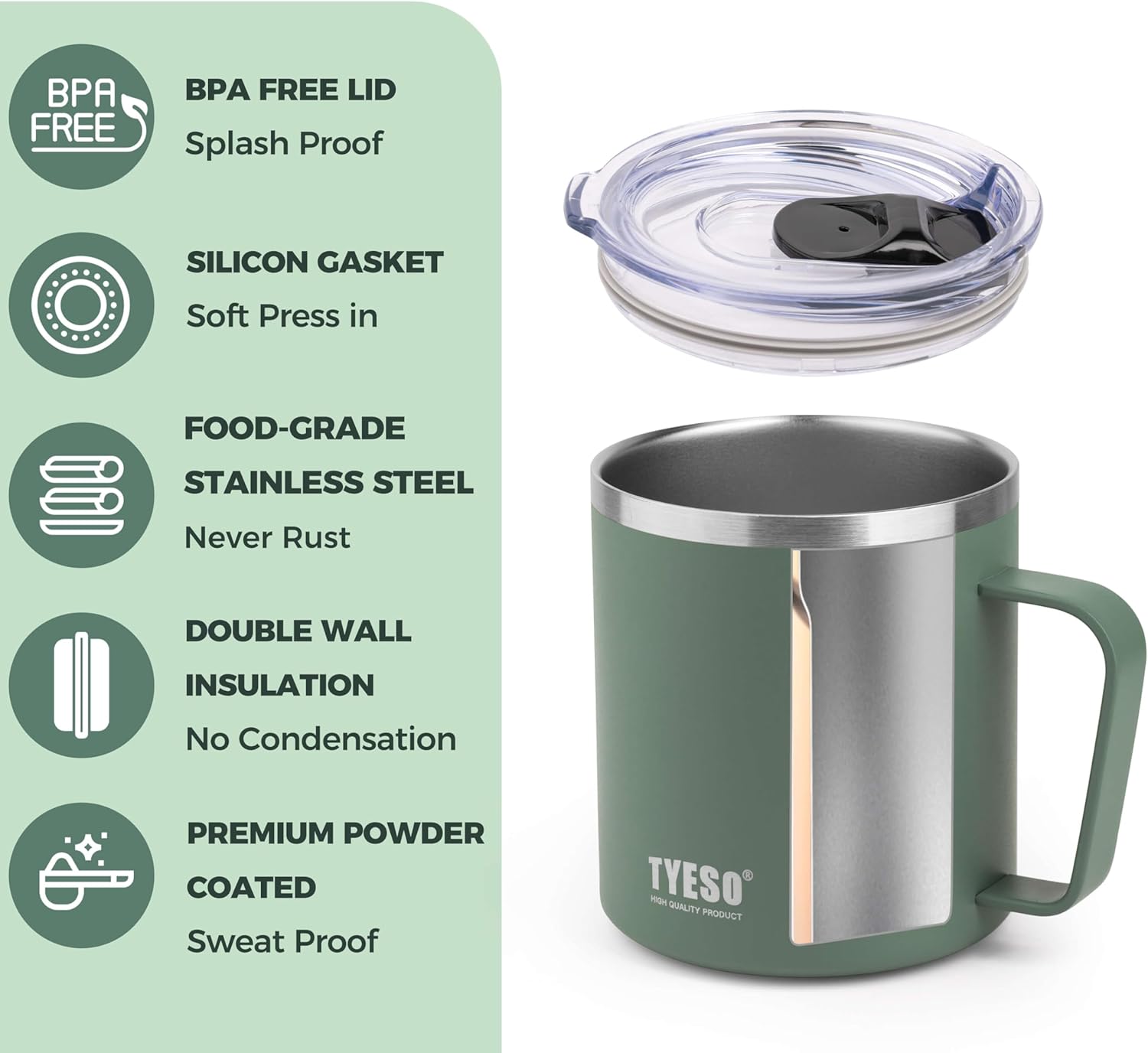 14 Oz Stainless Steel Green Coffee Mug with Handle and Lid – Double Wall Thermal Coffee Cup – Dishwasher Safe Insulated Tumbler Keeps Drinks Hot & Cold – For Home, Office, Travel - Image 4