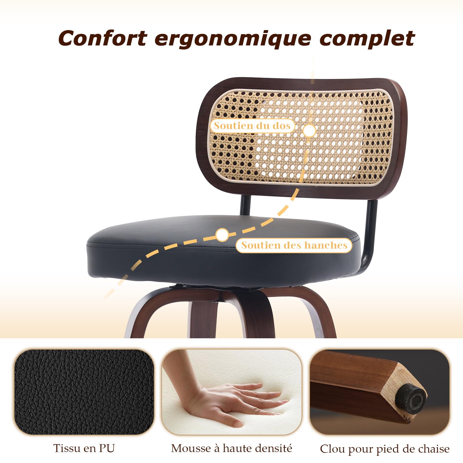 SoarFlash Lot de 3 tabourets de Bar pivotants, Hauteur d’Assise 65 cm, Dossier en rotin, Assise PU, Pieds Noyer, Repose-Pieds métallique. Tabouret Moderne pour îlot de Cuisine et Salle à Manger, Noir