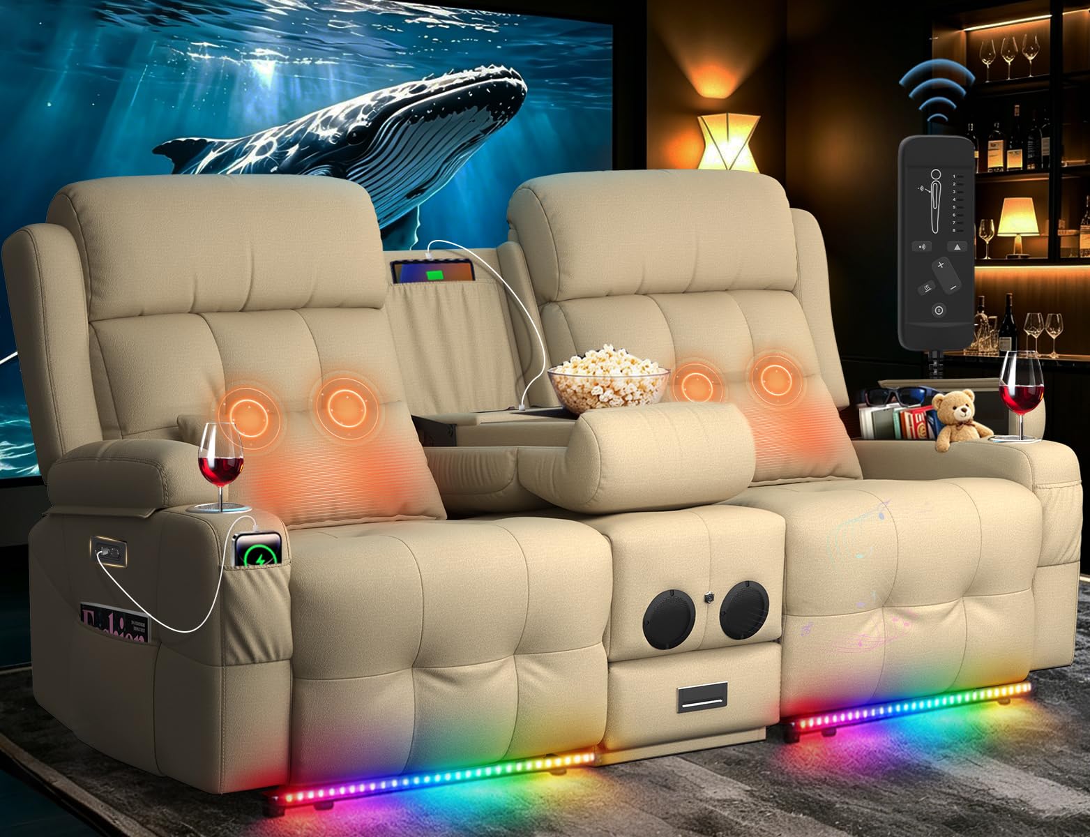 Home Theater Seating, Power Loveseat Recliner Sofa with Massage &amp; Heat