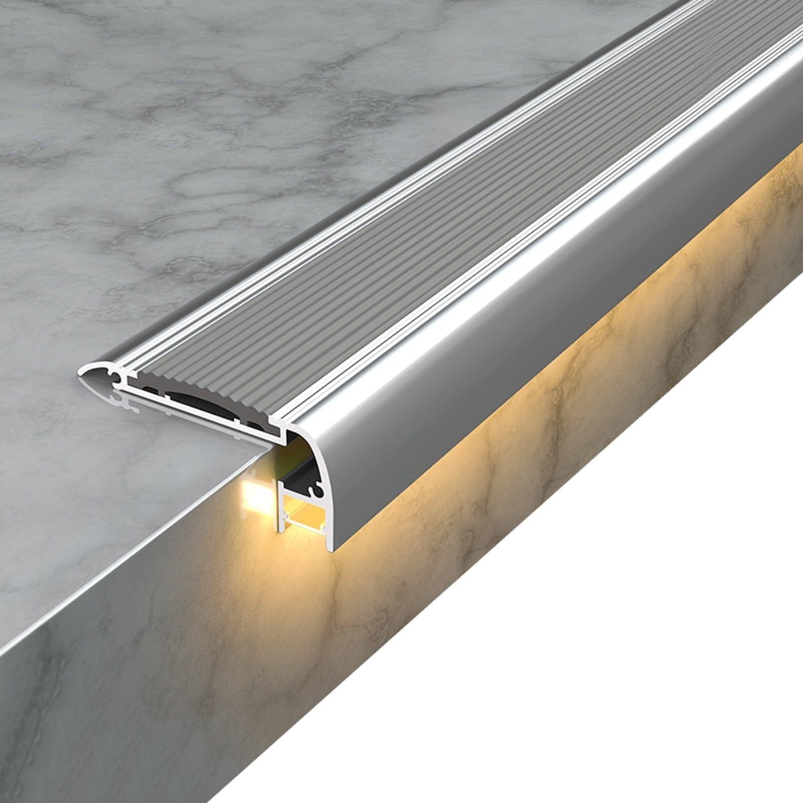 Perfil Antideslizante para Escaleras de Aluminio con Ranura para Tira LED, Zócalo en L con Tira de Goma Antideslizante para Seguridad en Hogar, Oficinas y Uso Comercial(Gris,150cm/59in)