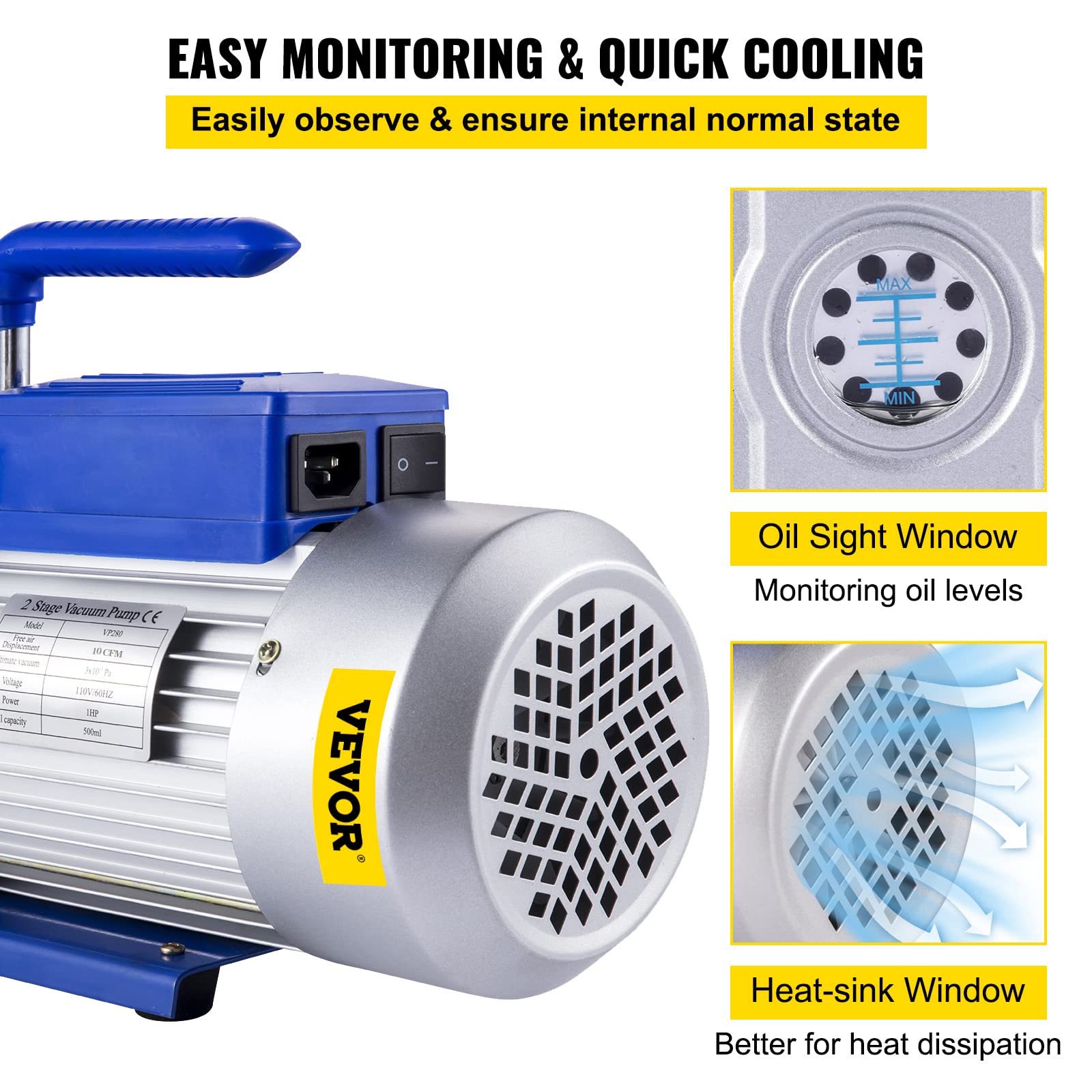 VEVOR Refrigerante Bomba de Vacío 10 CFM 2 Etapas 1HP Herramientas de Refrigeración Aire Acondicionado Velocidad 2000 r/min Capacidad de 600ml Bomba de Vacío de Refrigeración para Envasado al Vacío