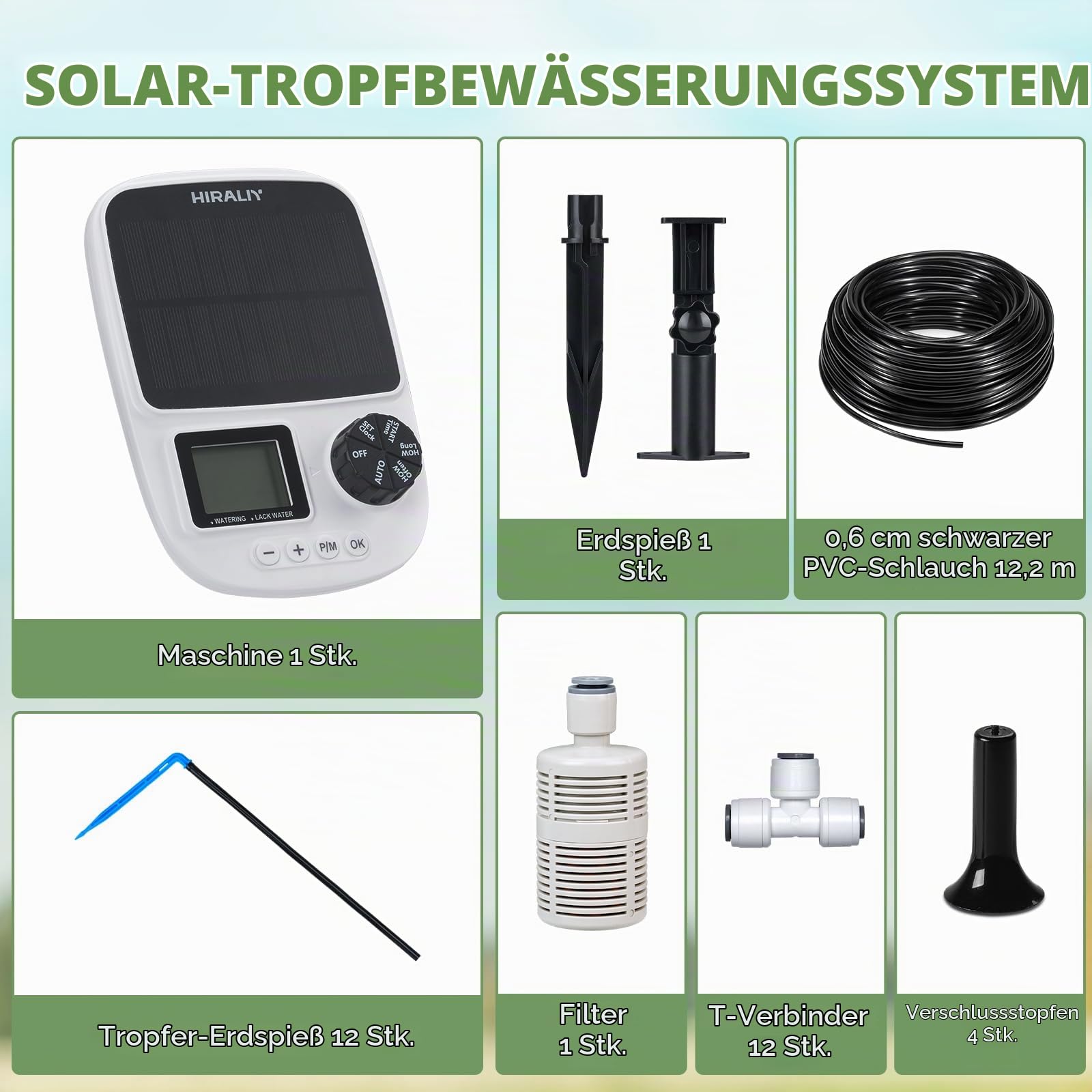 HIRALIY Solarbetriebenes automatisches Tropfbewässerungssystem mit Timer